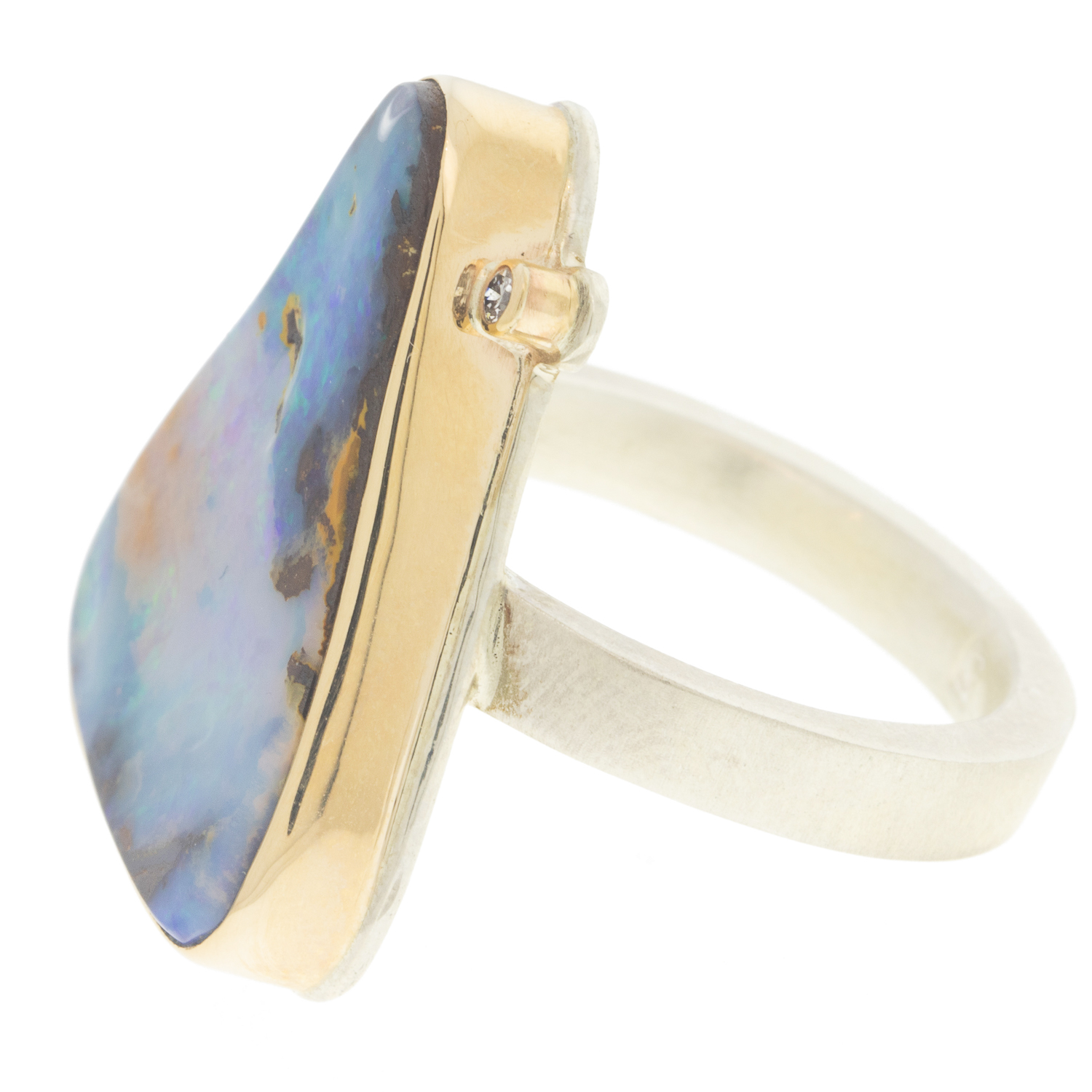 Jamie Joseph: Ring, Vertical triangle, 14K gold bezel set Boulder opal, Diamond, .25ct, Sterling silver X band, Stone measures 7/8 x 5/8, Currently available in size 7 1/4