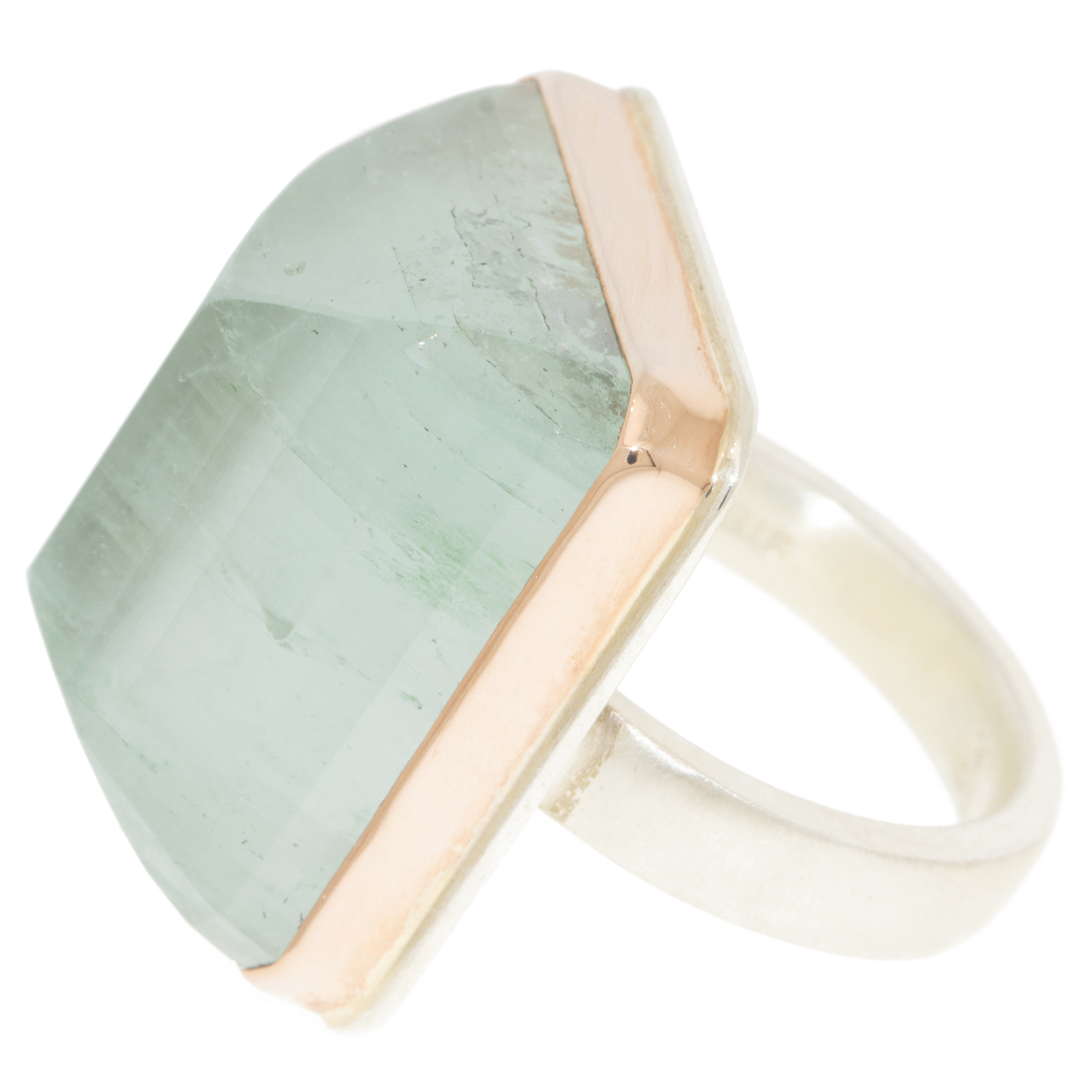 Jamie Joseph: Ring, Large vertical rectangular inverted, 14K gold bezel set green beryl, Sterling silver Y band, Stone measures 15/16 x 13/16, Currently available in size 8 1/4