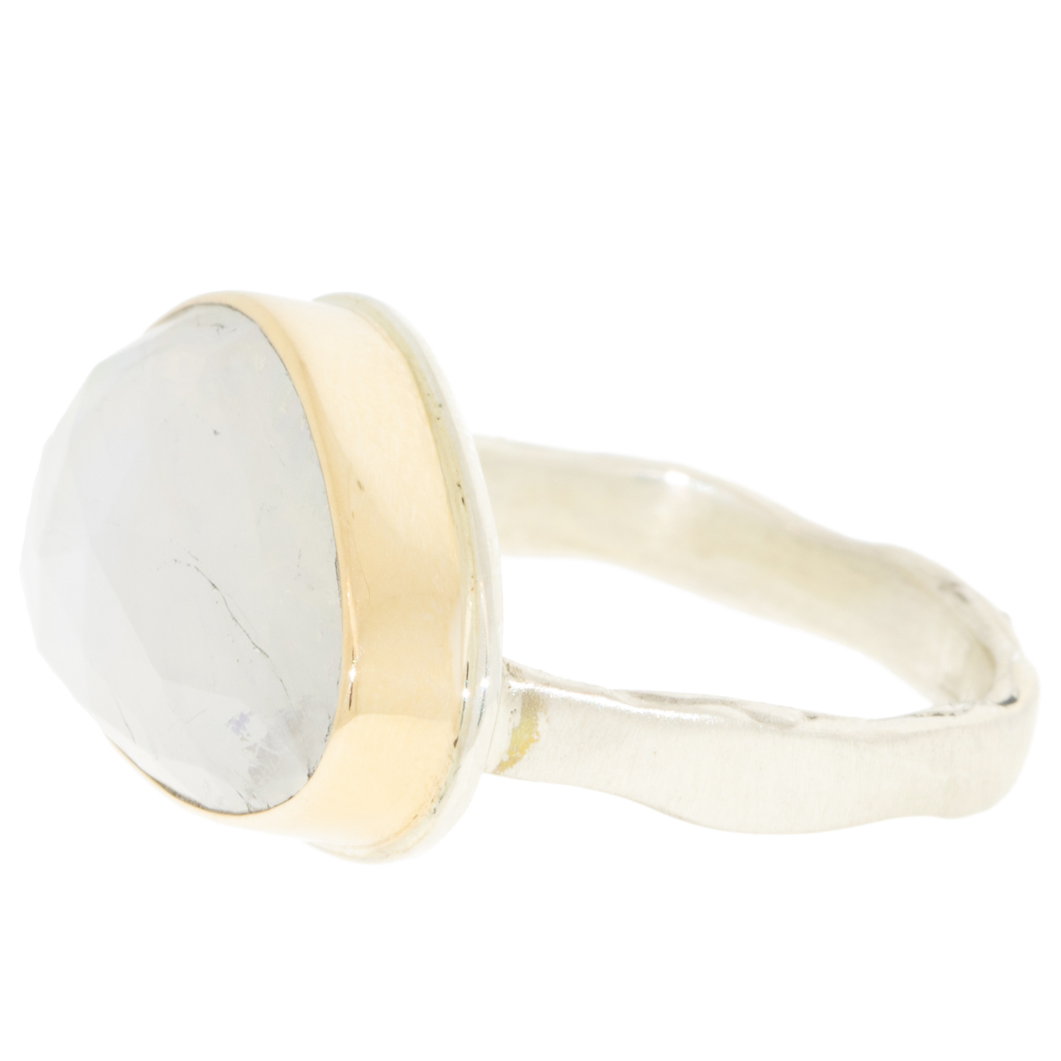 Jamie Joseph: Ring, Small asymmetrical rose cut, 14K gold bezel set white rainbow moonstone, Sterling silver eroded live edge band, Stone measures 7/16 x 11/16, Currently available in size 8