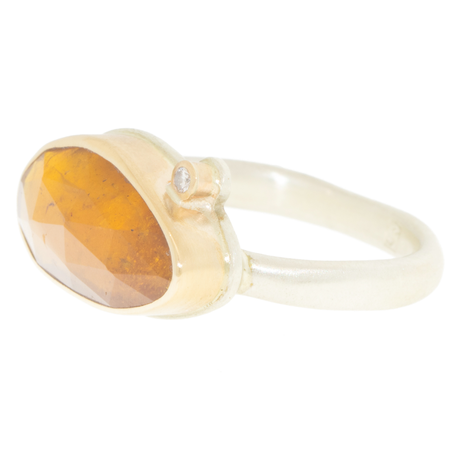 Jamie Joseph: SS & 14kGold Ring w/ Asymmetrical rose cut ORANGE BERYL & satellite Diamond on Middle organic Band Size 7 5/16" x 5/8"