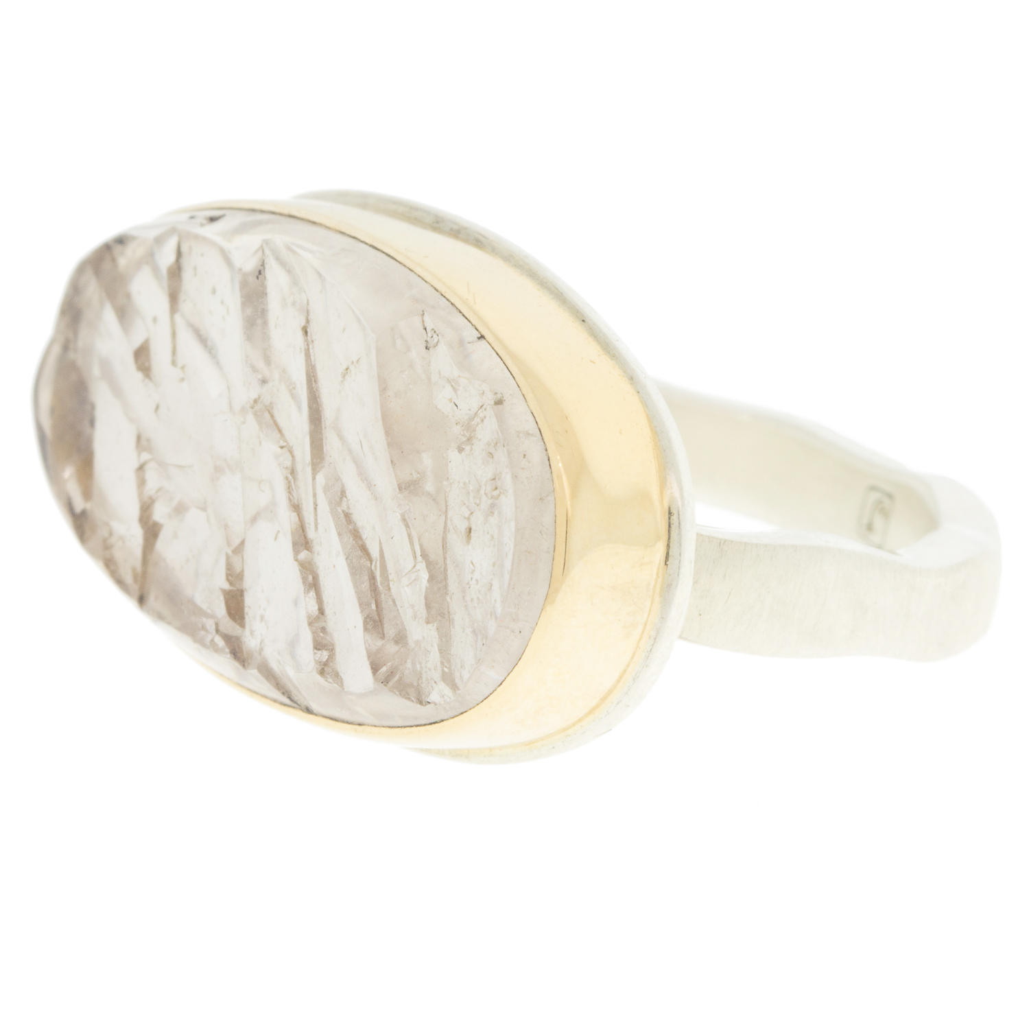 Jamie Joseph: Ring, SS & 14K gold ring w/ Large Oval Surface cut ROCK CRYSTAL on soft live edge band size 7 1/4, 1/2" x 1"