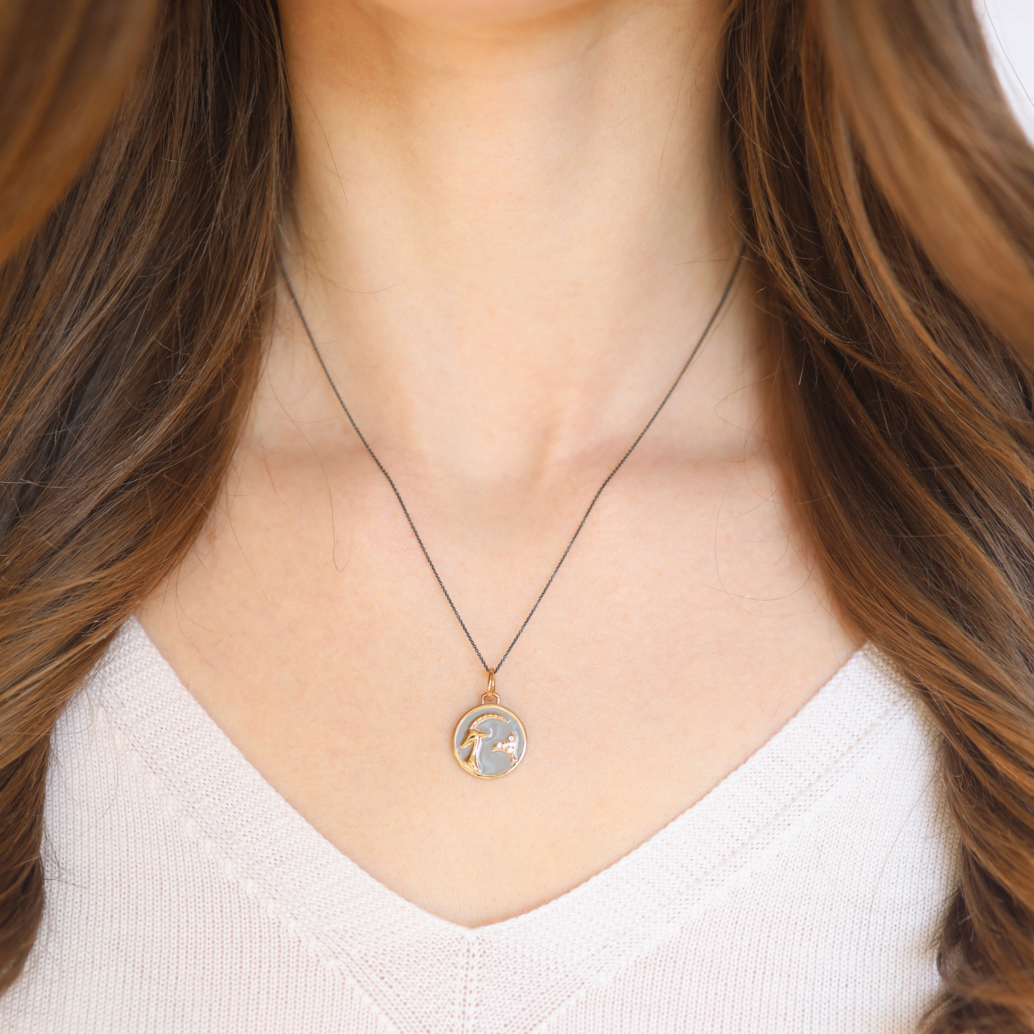 Monica Rich Kosann: Sterling silver & 18 K Gold vermeil Capricorn horoscope charm in grey enamel with white sapphires,.025 cts ,17" PVD chain, Pendant measures 5/8 in diameter