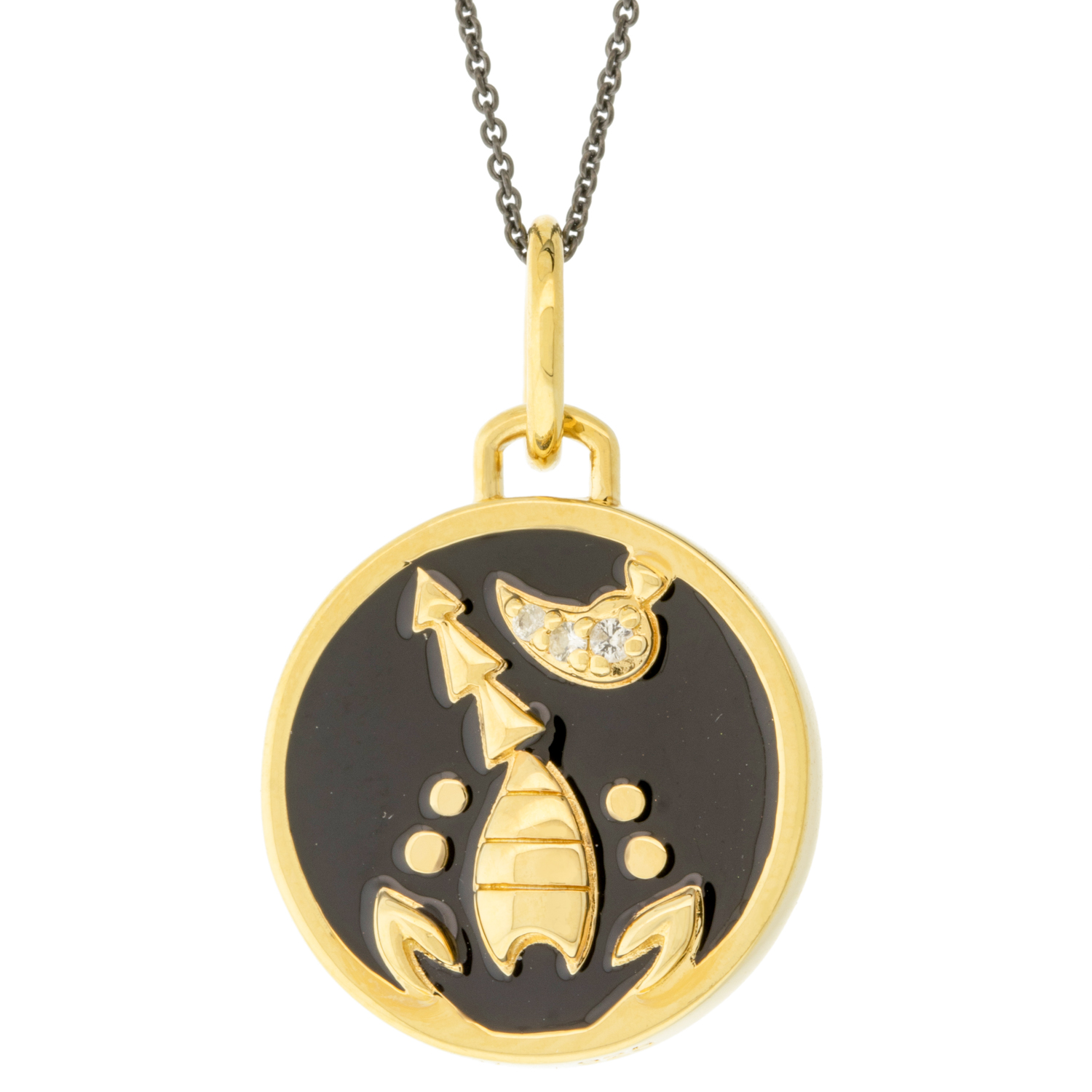 Monica Rich Kosann: Sterling silver & 18 K Gold vermeil Scorpio horoscope charm in black enamel with white sapphires,.021cts ,17" PVD chain, Pendant measures 5/8 in diameter