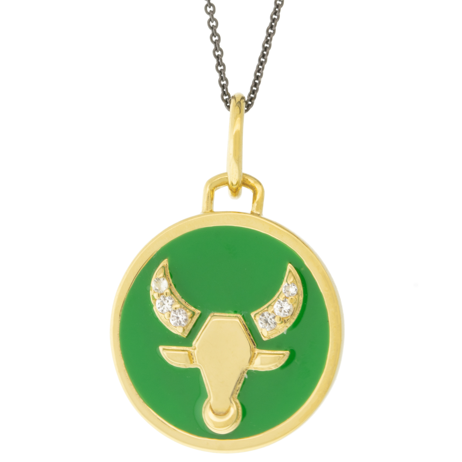 Monica Rich Kosann: Sterling silver & 18 K Gold vermeil Taurus horoscope charm in green enamel with white sapphires ,17" PVD chain, Pendant measures 5/8 in diameter