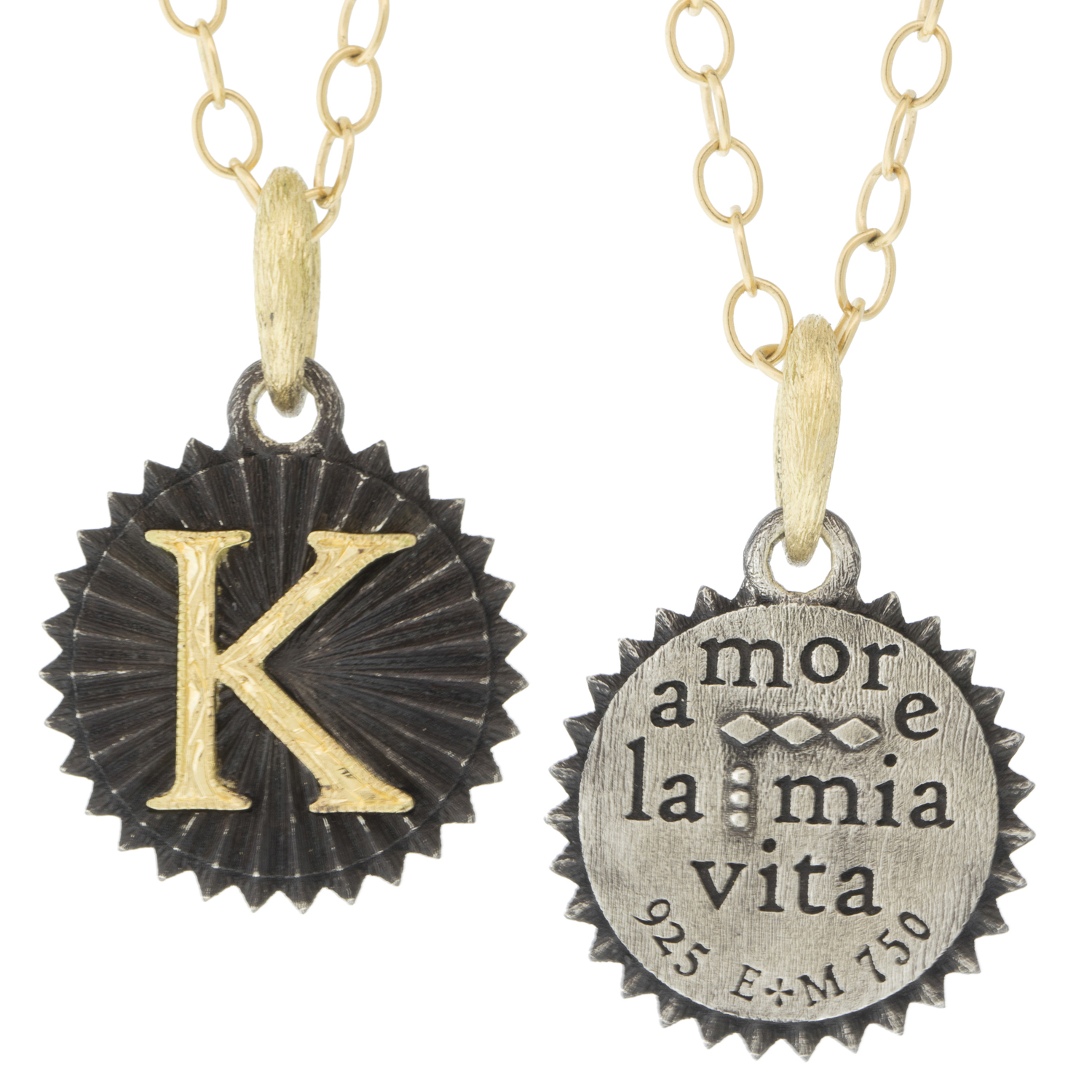 Erica Molinari: SS small round Ruche w/ hand engraved initial K, 1 x 5/8 incl bail