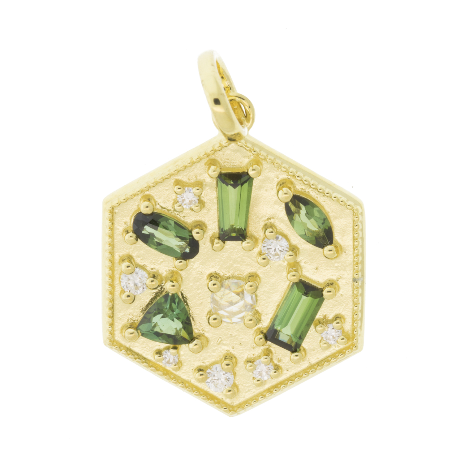 Jude Frances: Chain, Provence, 18K yellow gold, GSI diamonds, .13tcw, shades of green tourmaline, 18" in length
