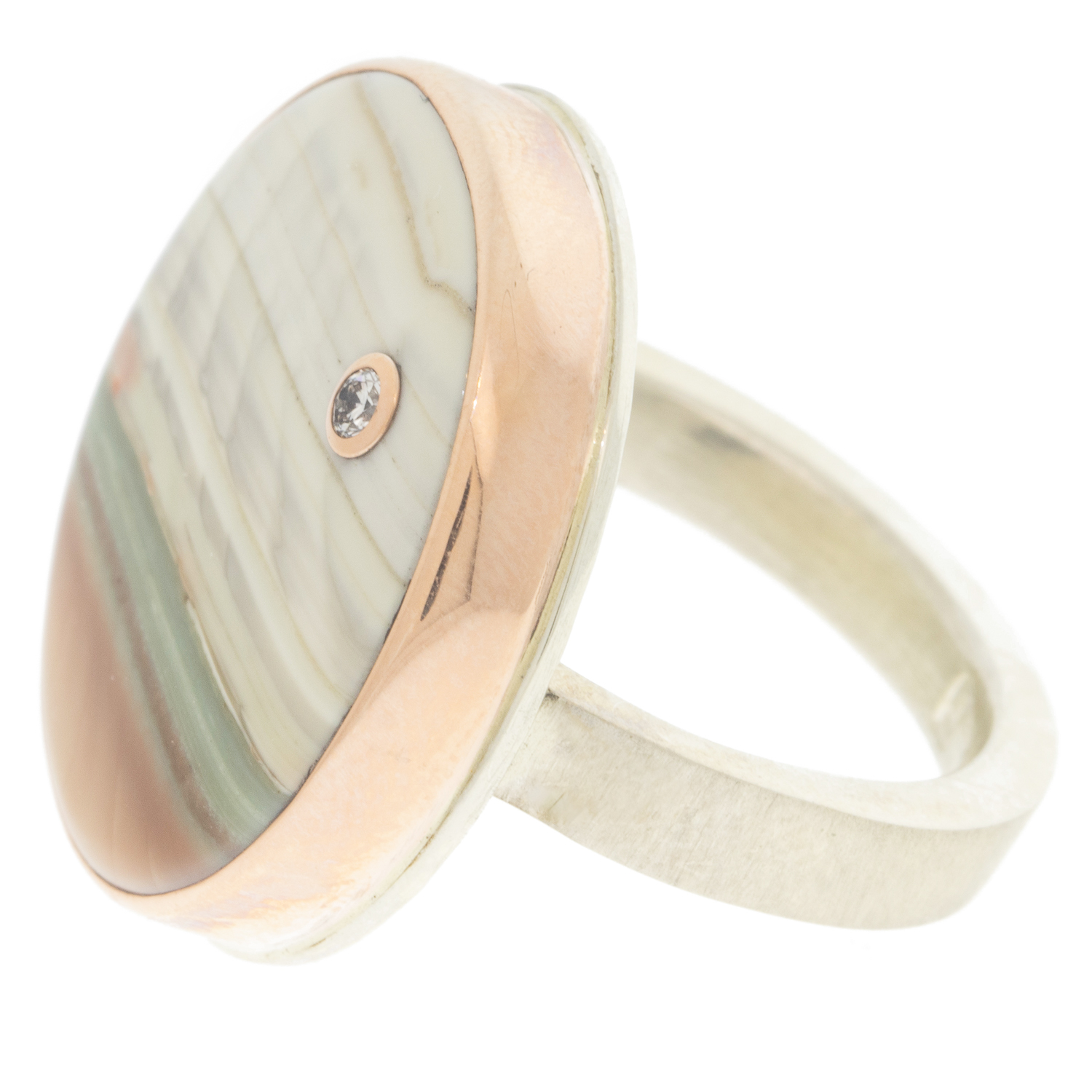 Jamie Joseph: Ring, Round, 14K rose gold bezel set Saturn chalcedony, Diamond, .03ct, Sterling silver X band, Stone measures 15/16 x 3/4, Currently available in size 6 3/4
