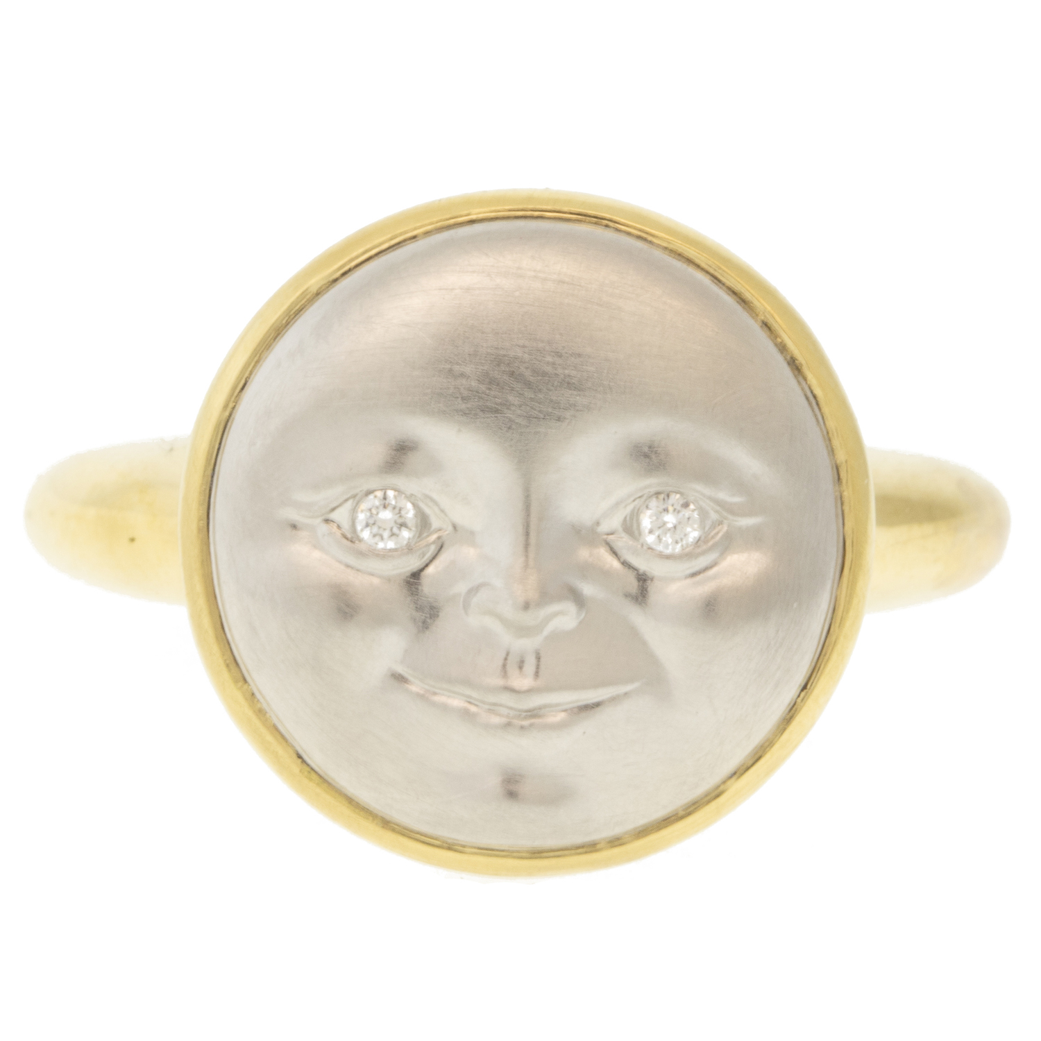 Anthony Lent: Small Platinum and Gold Moonface Ring 18K Yellow Gold, Platinum, Diamond .02ct Size 6 1/2