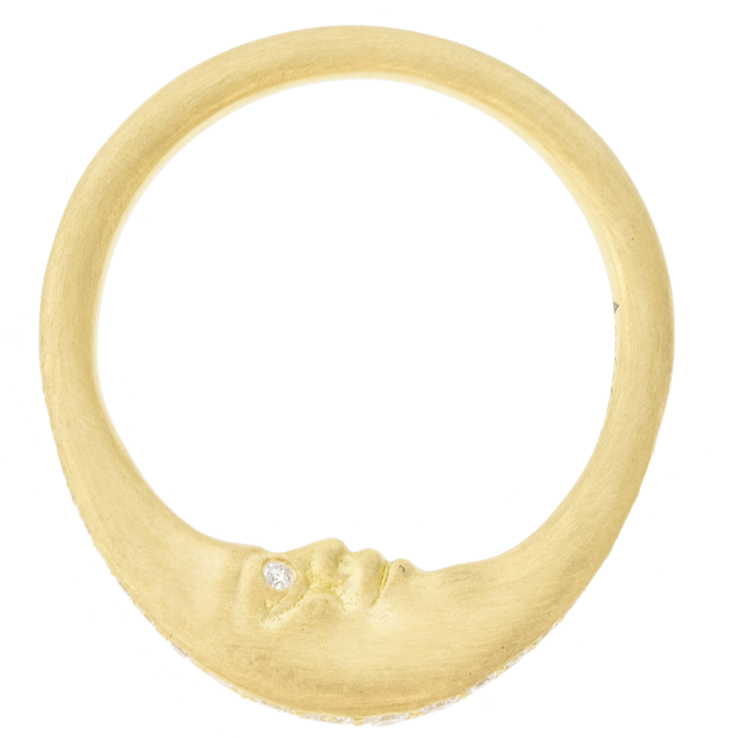 Anthony Lent: Diamond Crescent Moonface Ring with Diamond Eyes bright cut setting 18K .25ct