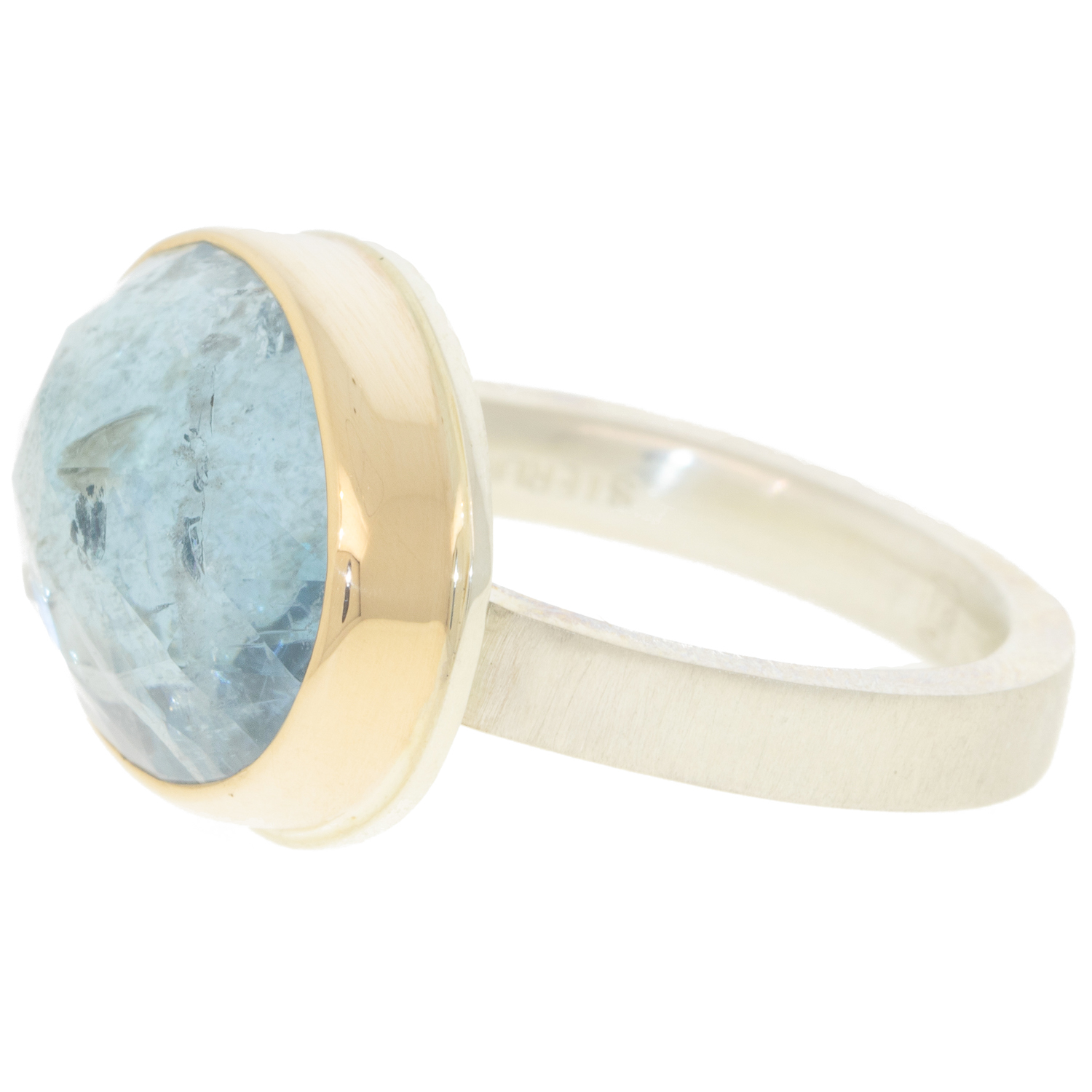 Jamie Joseph: SS & 14K Gold Ring w/ Oval Rose Cut Aquamarine on X Band sz. 8 1/2" x 11/16"