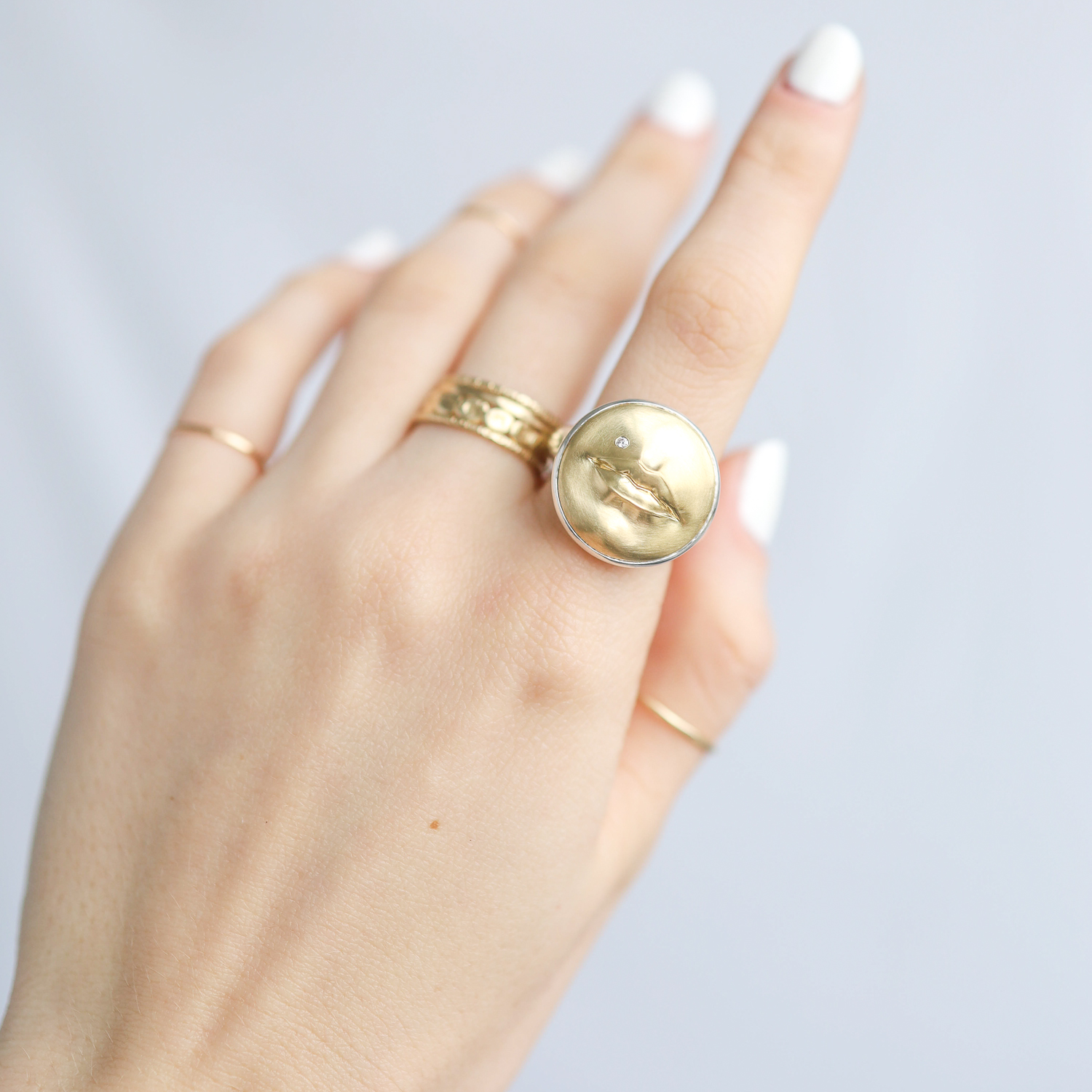 Anthony Lent: Kiss Me Ring 18K yellow gold, sterling silver, diamond .01ct Size 6 1/2