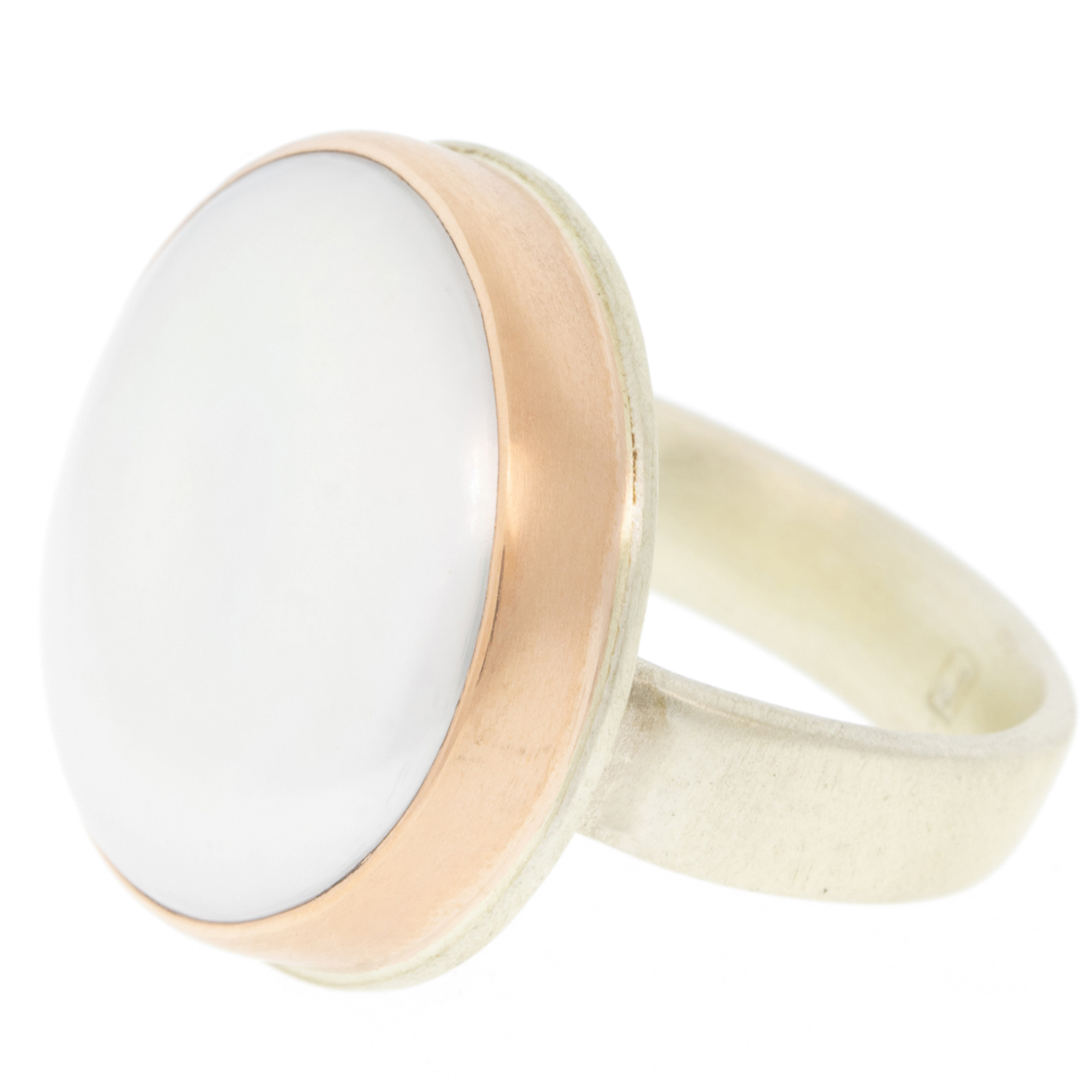 Jamie Joseph: Ring, Round, 14K rose gold bezel set cultured pearl, Sterling silver comfort band, Stone measures 11/16 in diameter, Currently available in size 8 1/4