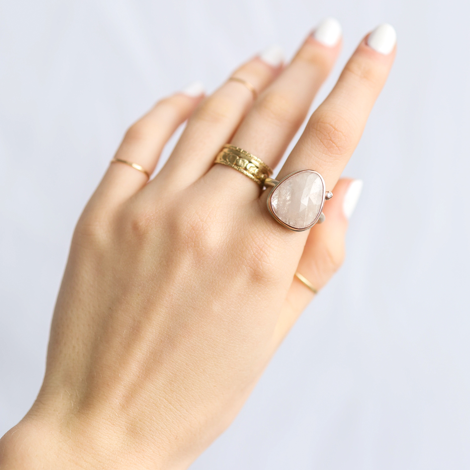 Jamie Joseph: Ring, Vertical teardrop rose cut, 14K rose gold bezel set linen sapphire, Satellite diamond, .025ct, Sterling silver Egyptian band, Stone measures 11/16 x 9/16, Currently available in size 7 1/2