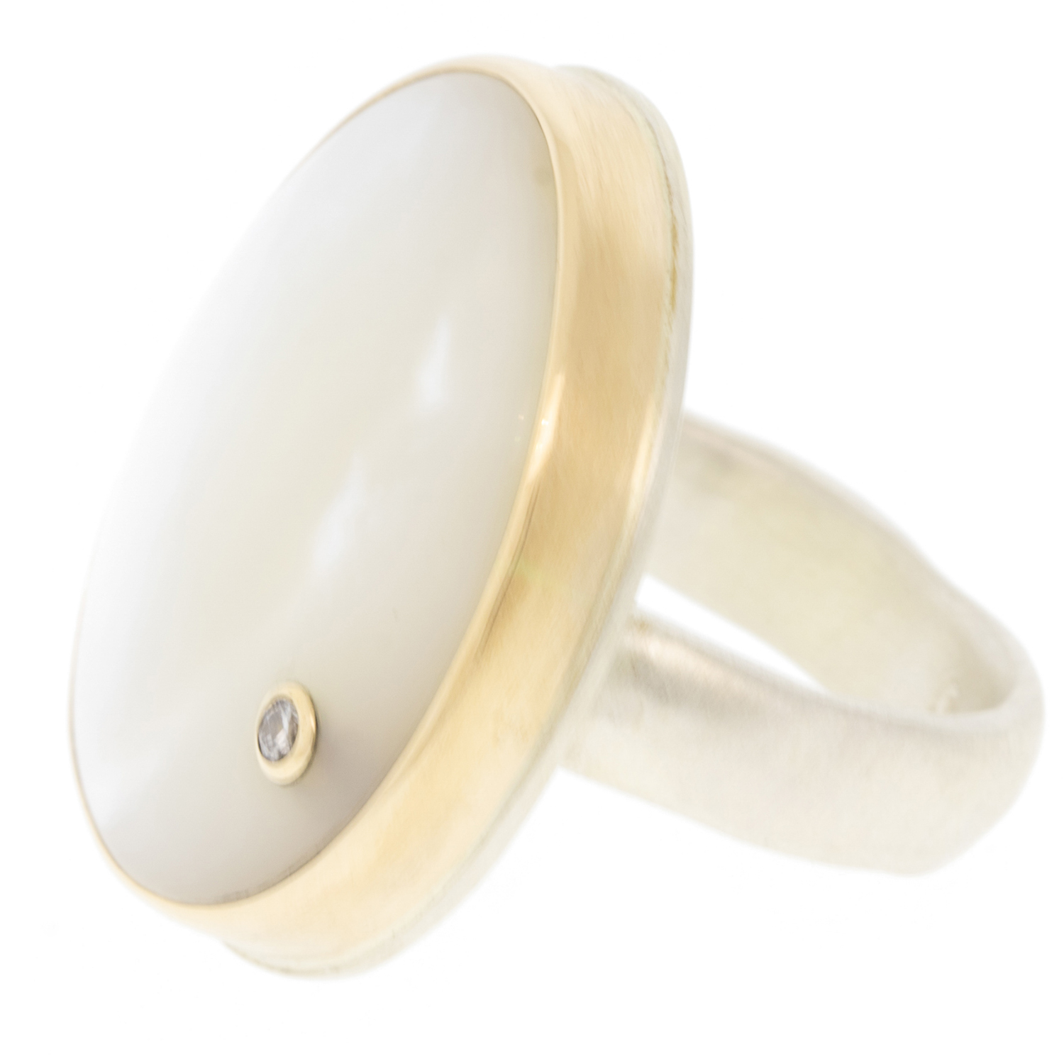 Jamie Joseph: SS & 14k Gold Ring w/ vertical asymmetrical mother of pearl & .03ct diamond on groovy band size 8 1/4, 1" x 13/16"