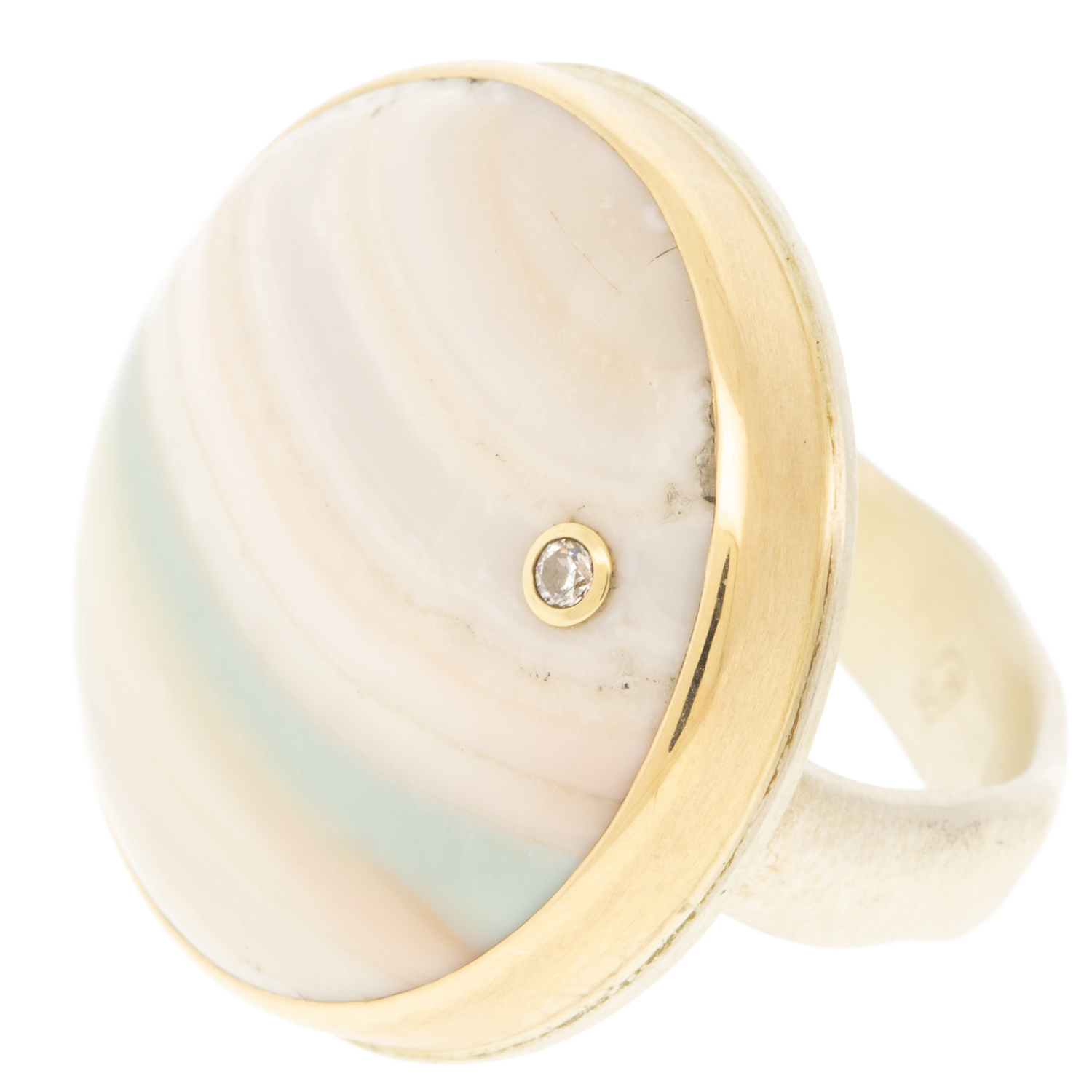 Jamie Joseph: Ring, Large round, 14K gold bezel set Saturn chalcedony, Diamond, .03ct, Sterling silver groovy band, Stone measures 1 in diameter, Currently available in size 7 3/4