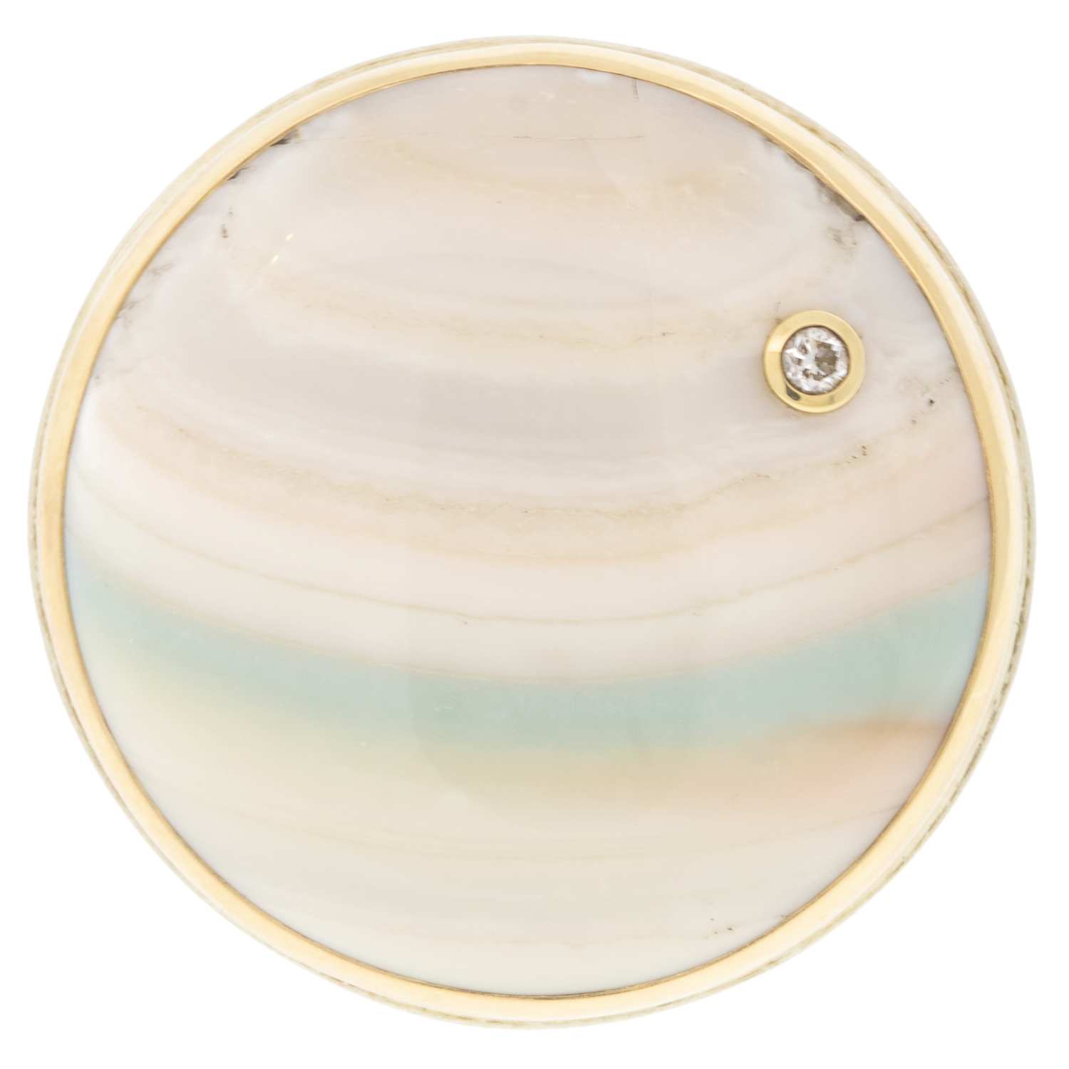 Jamie Joseph: Ring, Large round, 14K gold bezel set Saturn chalcedony, Diamond, .03ct, Sterling silver groovy band, Stone measures 1 in diameter, Currently available in size 7 3/4