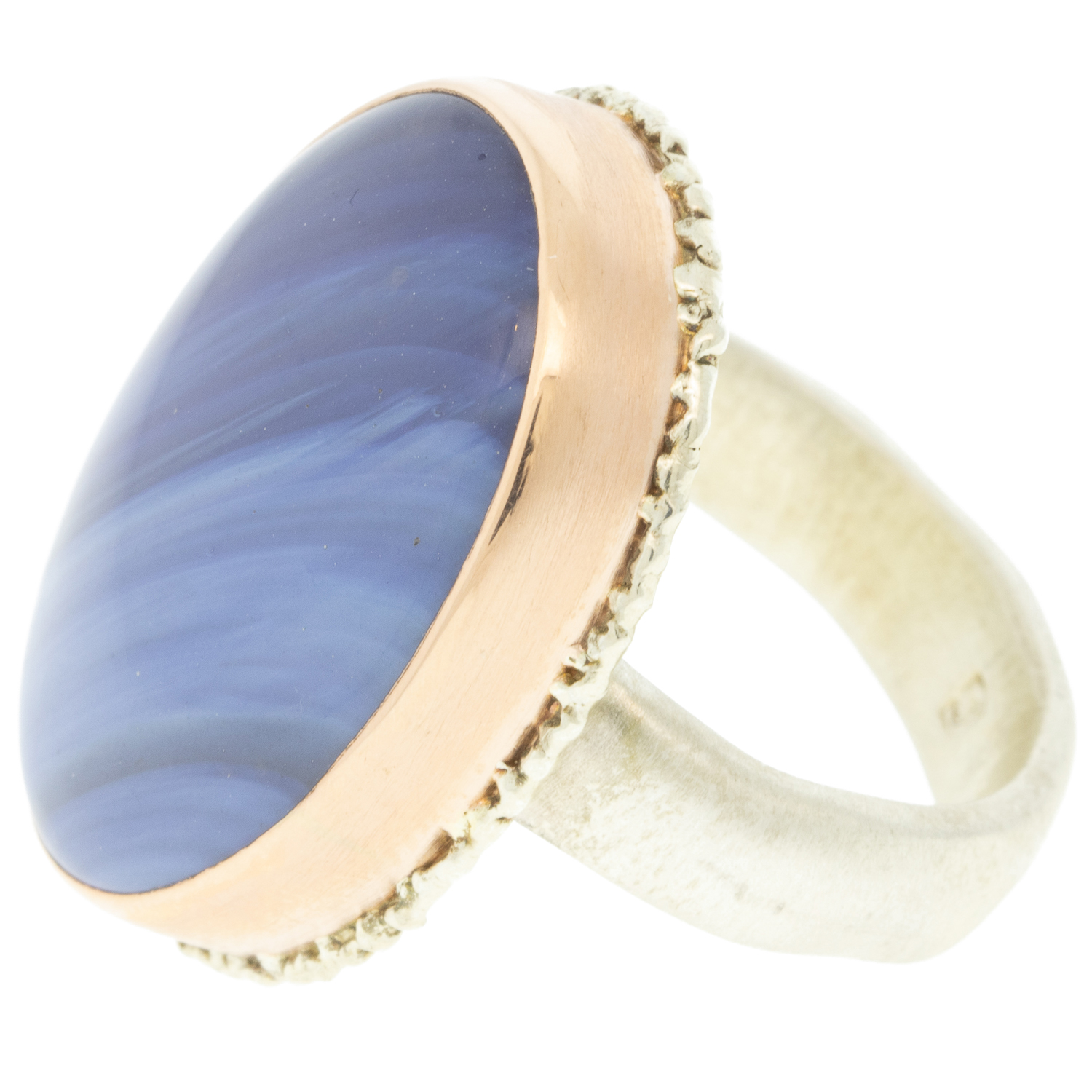 Jamie Joseph: Ring, Vertical oval, 14K rose gold bezel set Leland blue stone on lave platform, Sterling silver groovy band, Stone measures 13/16 x 5/8, Currently available in size 7 1/2