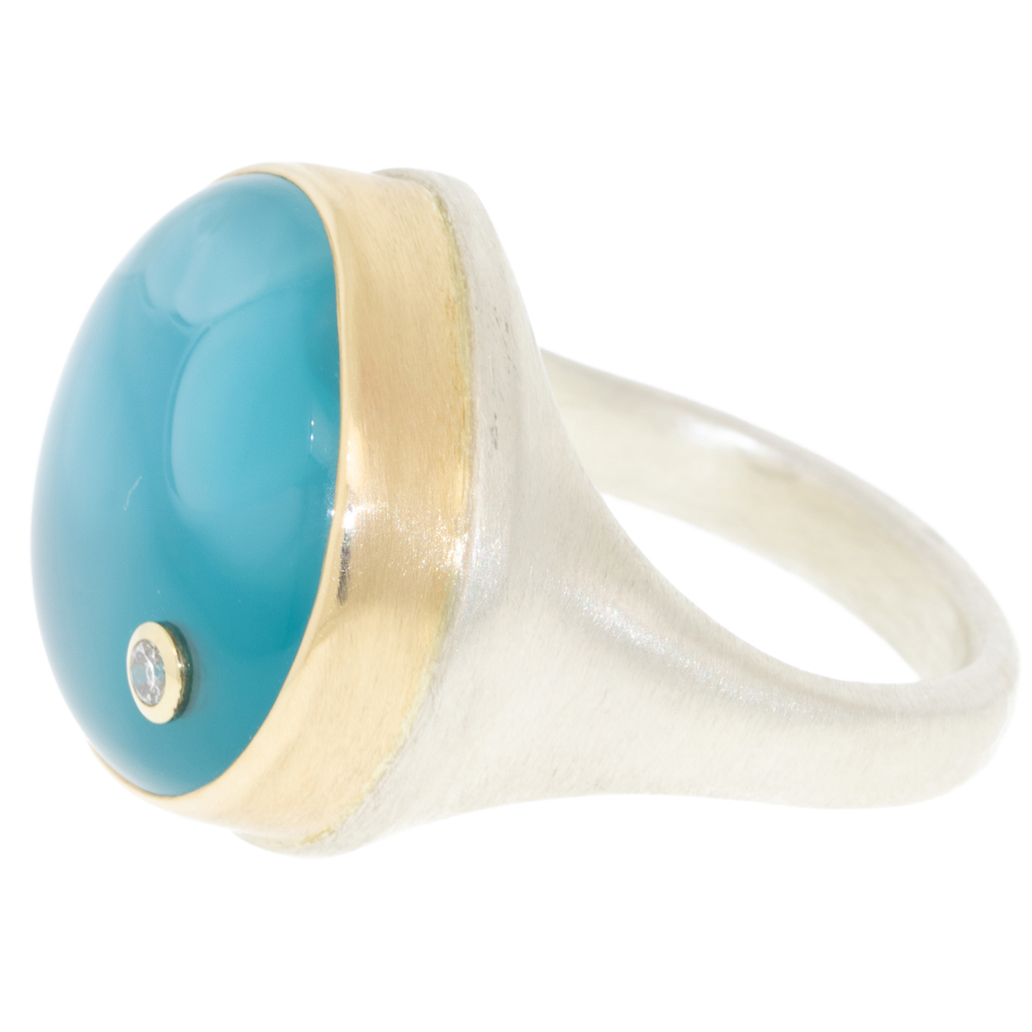 Jamie Joseph: Ring, SS & 14K gold ring w/Lotus VICTORIA STONE & .03 CT Diamond on Tapered Organic Band w/ Hidden JJ Tag sz. 6.75, 5/8" x 11/16"