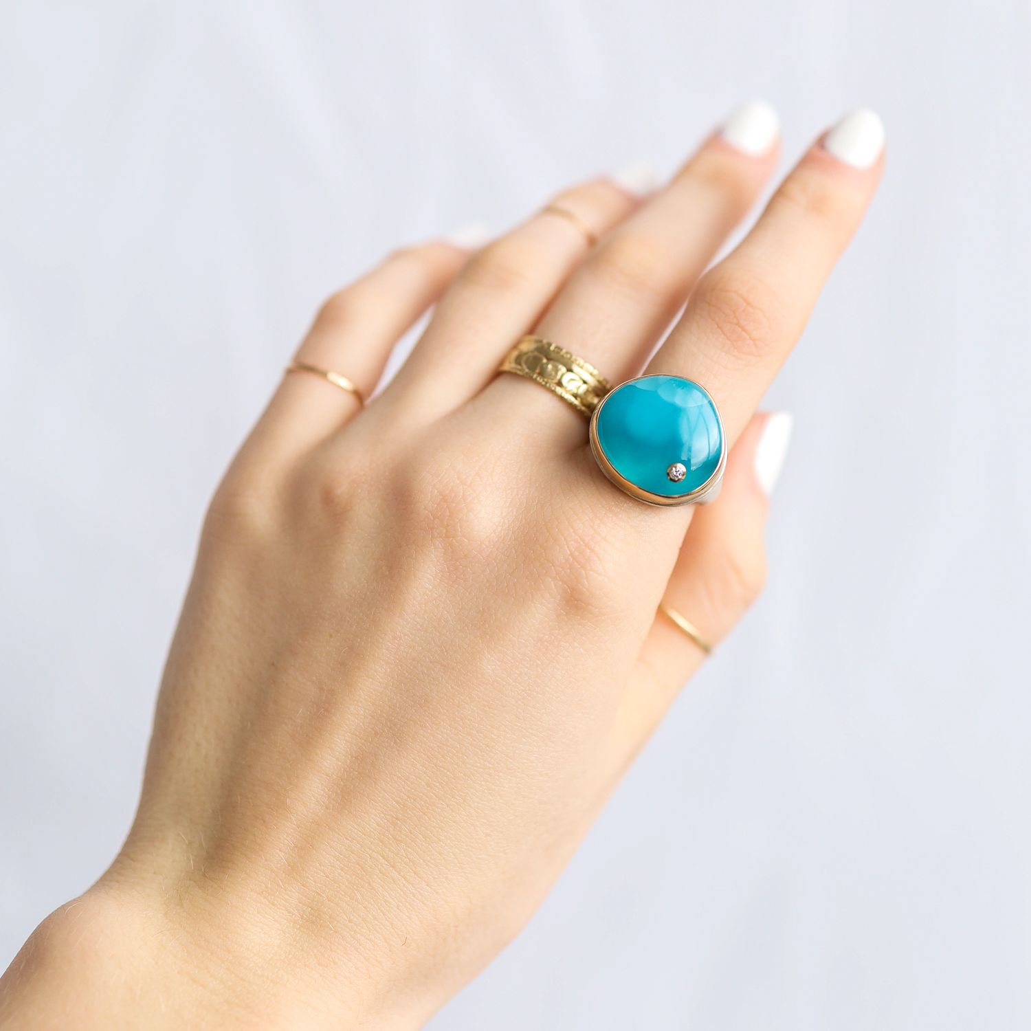 Jamie Joseph: Ring, SS & 14K gold ring w/Lotus VICTORIA STONE & .03 CT Diamond on Tapered Organic Band w/ Hidden JJ Tag sz. 6.75, 5/8" x 11/16"