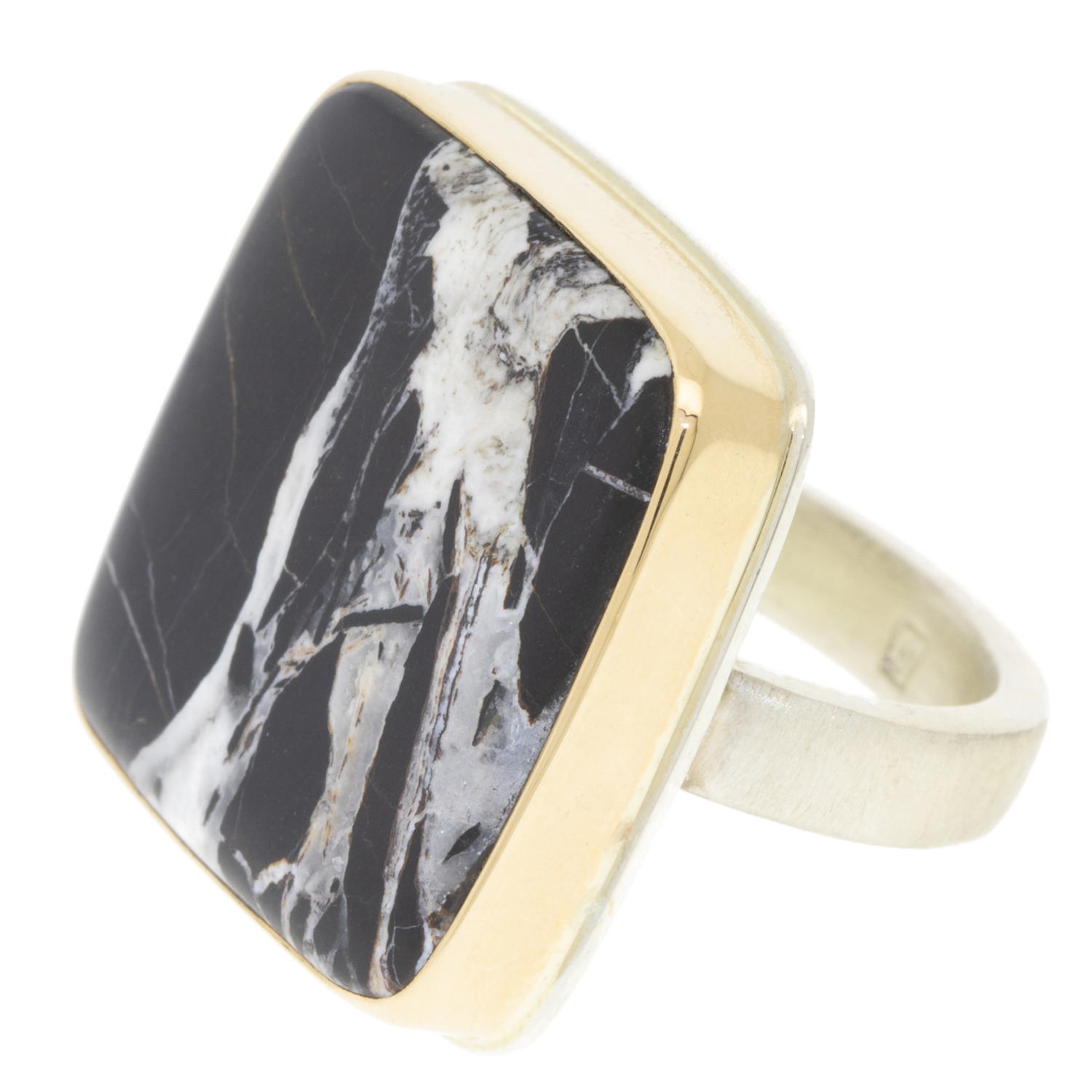Jamie Joseph: SS & 14k Gold Ring w/ Large Square WHITE BUFFALO TURQUOISE on Y Band Size 7.5 7/8" x 7/8"