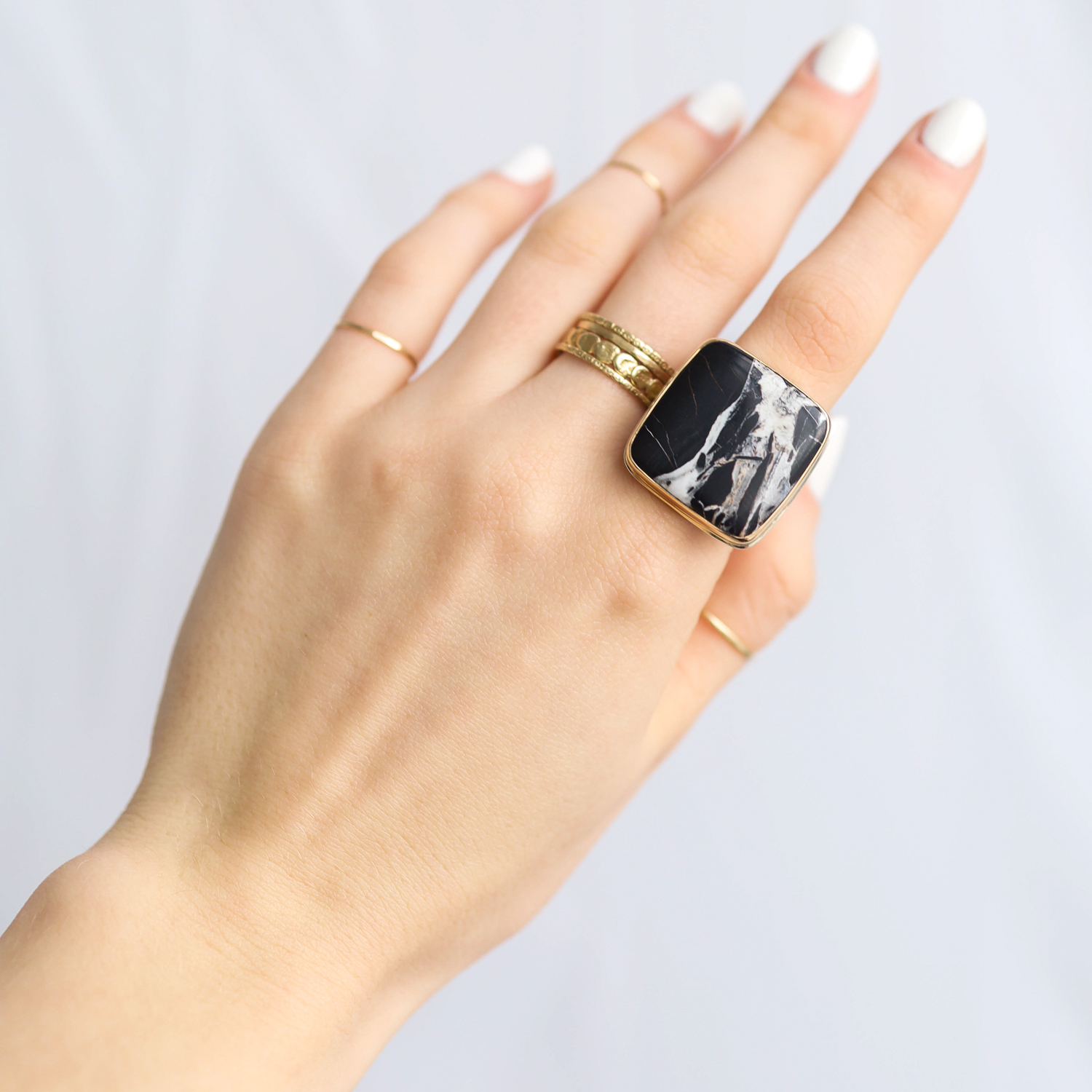 Jamie Joseph: SS & 14k Gold Ring w/ Large Square WHITE BUFFALO TURQUOISE on Y Band Size 7.5 7/8" x 7/8"