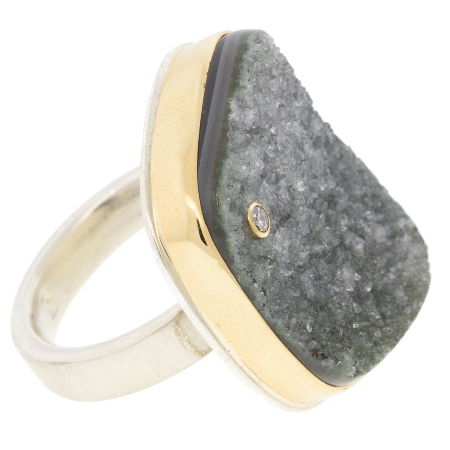 Jamie Joseph: Ring,Vertical asymmetrical, 14K gold bezel set Brazilian green drusy, Diamond, .03ct, Sterling silver Y band, Stone measures 1 x 13/16, Currently available in size 7 1/2