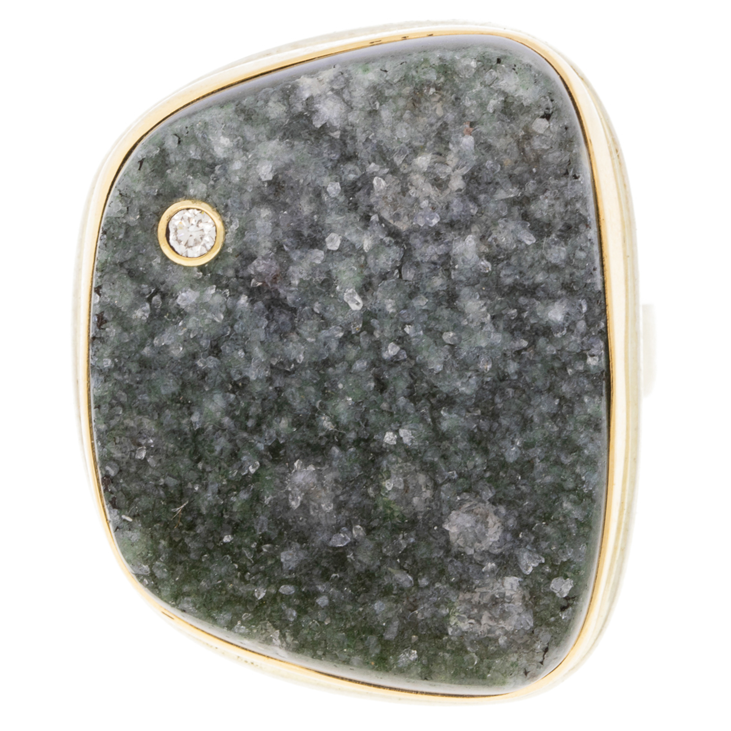 gold and silver ring with drusy and diamond by jewelry designer Jamie Joseph