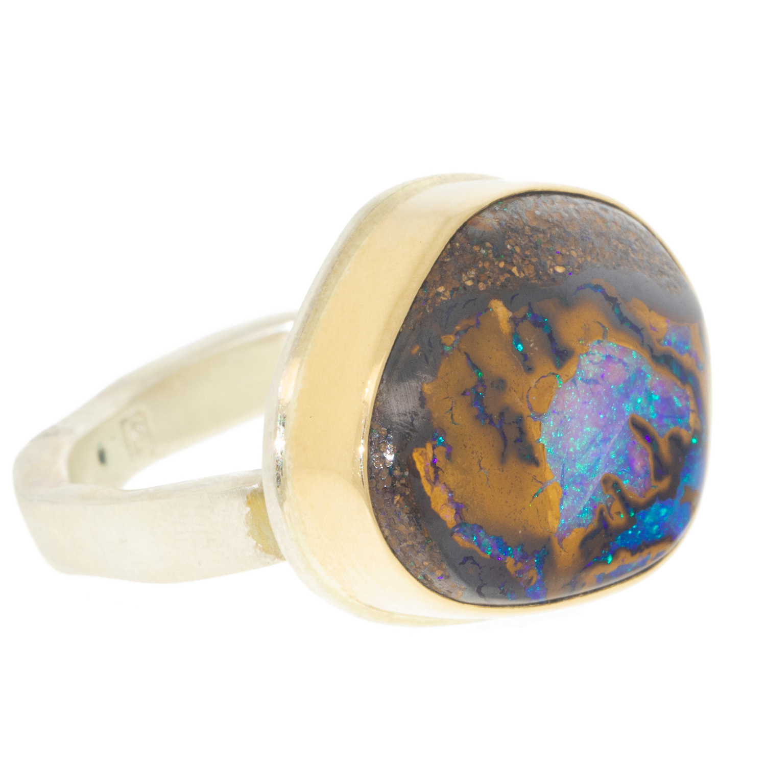 Jamie Joseph: Ring, Asymmetrical, 14K gold bezel set Koroit boulder opal, Sterling silver soft live edge band, Stone measures 5/8 x 3/4, Currently available in size 6 1/2