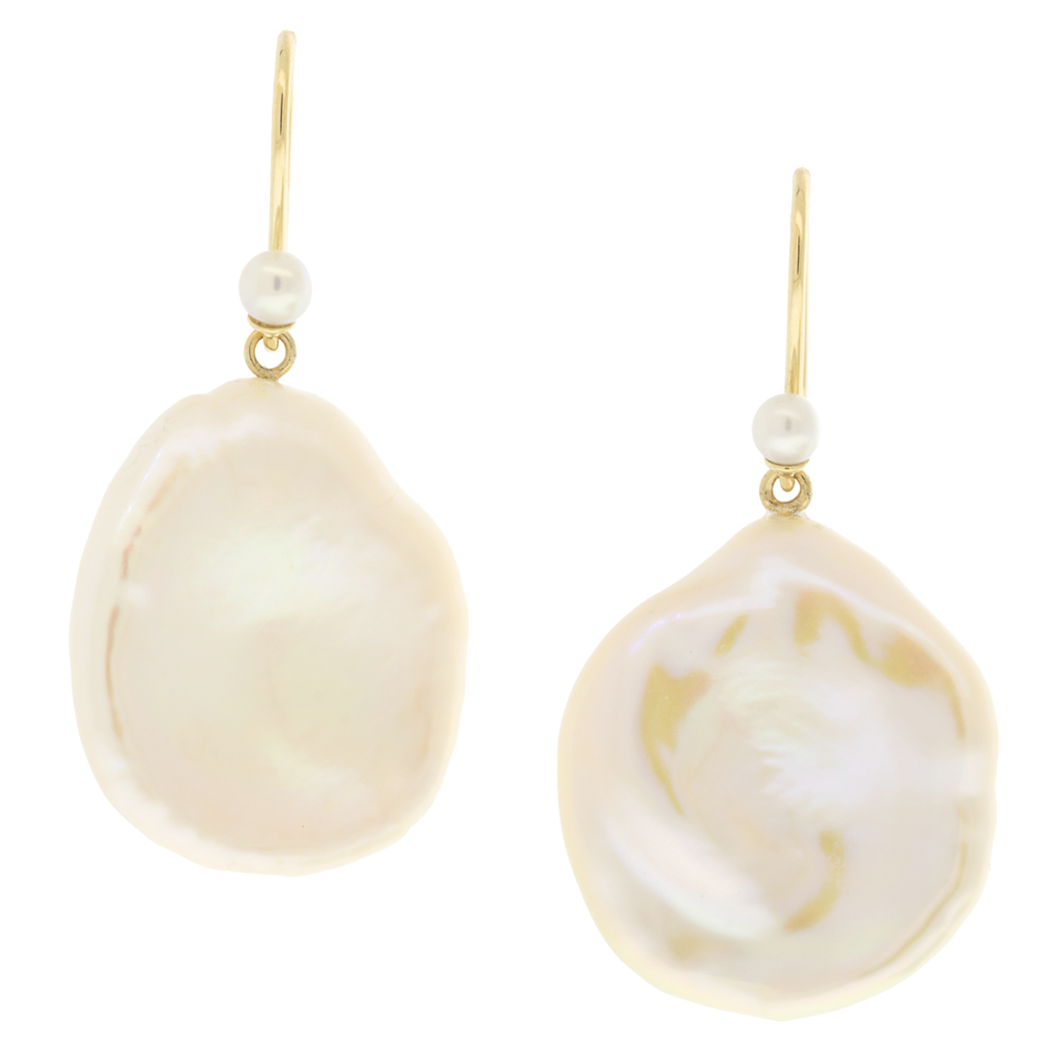 Mizuki: Earring,14K Yellow gold White freshwater pearl on earwire freshwater petal drop, Measure 1 3/8 x 11/16 including earwire