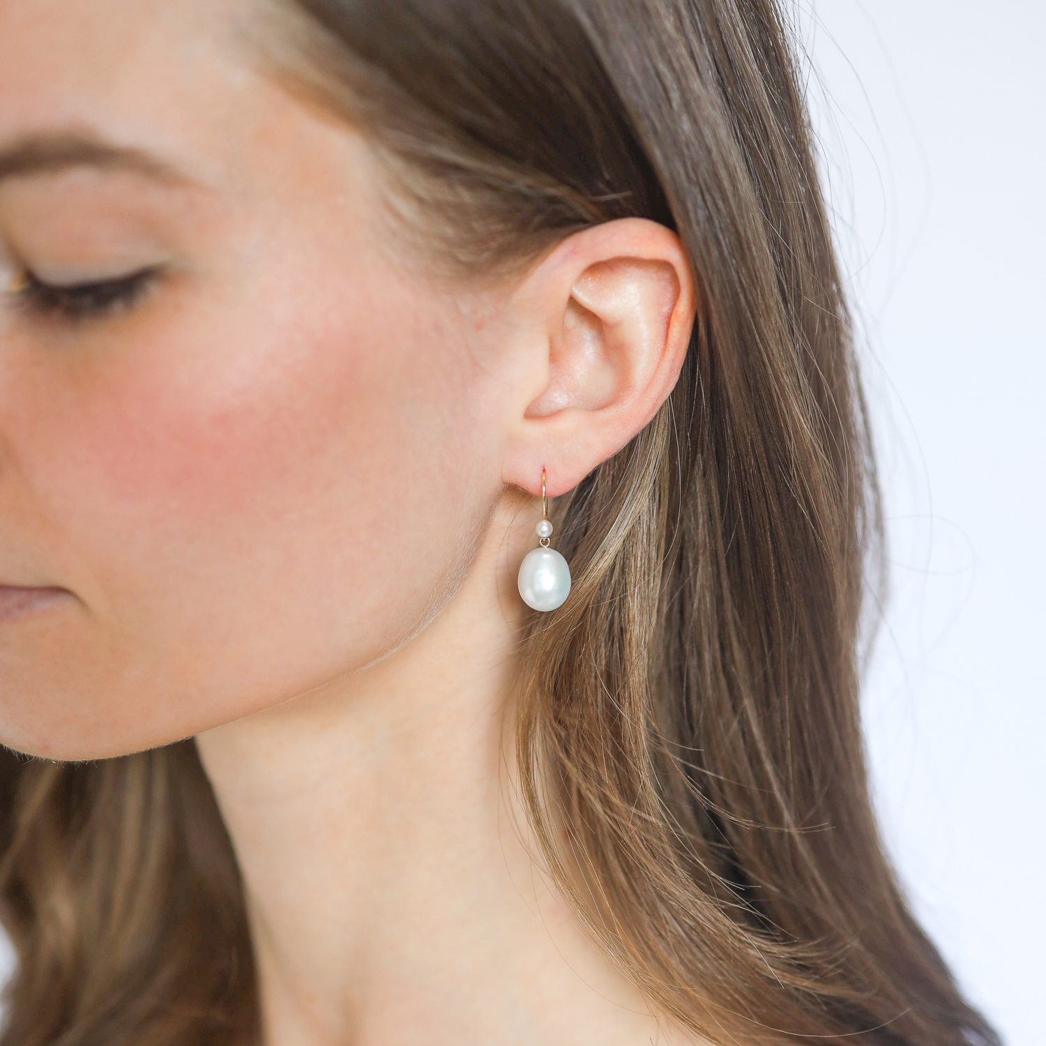 Mizuki: Earring,14K Yellow gold White freshwater pearl on earwire freshwater drop, Measure 1 1/16 x 3/8 including earwire