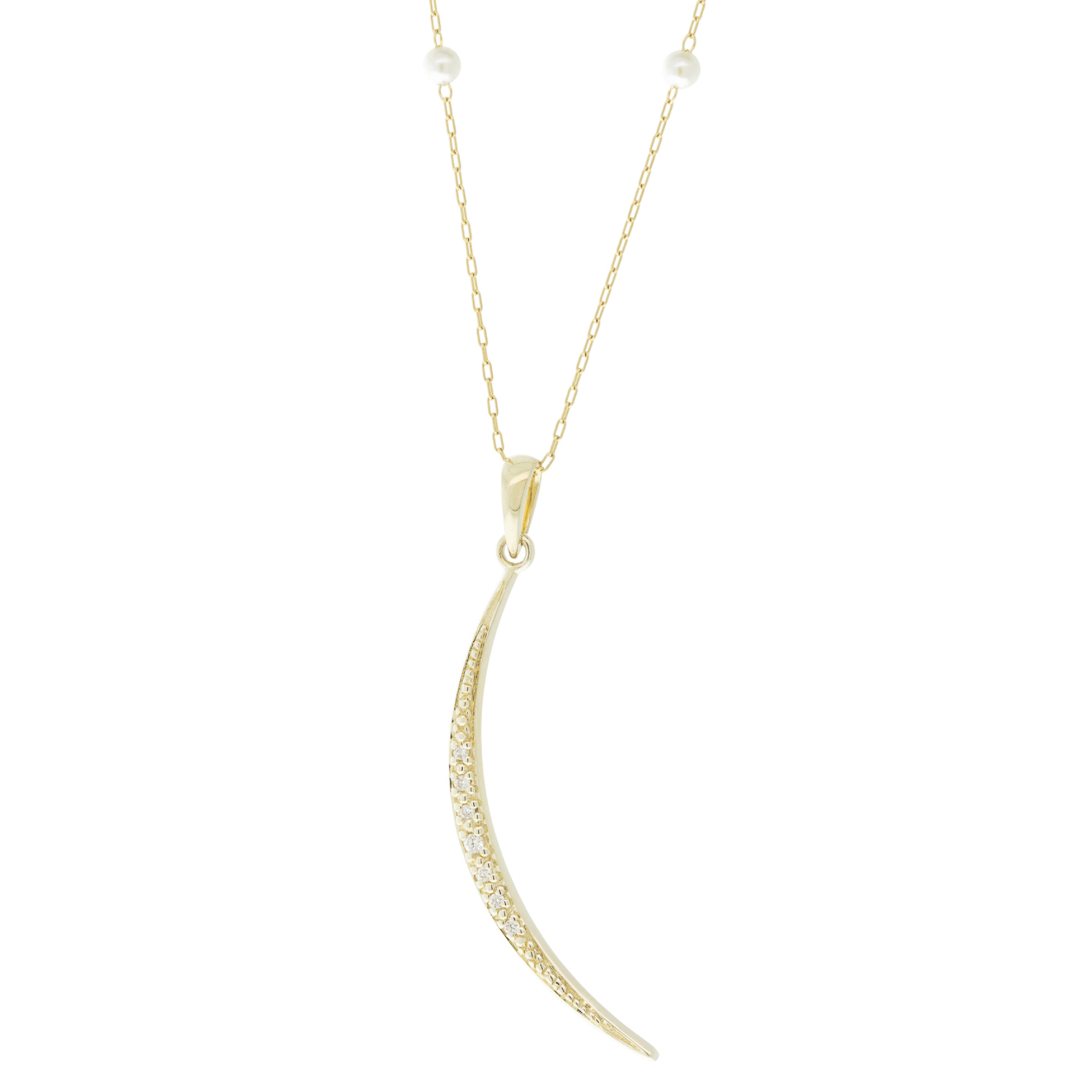 Mizuki: Necklace,14K Yellow gold Akoya pearl chain with diamond crescent small 0.04ct,15-18" adjustable chain, Pendant measures 1 7/16 in length