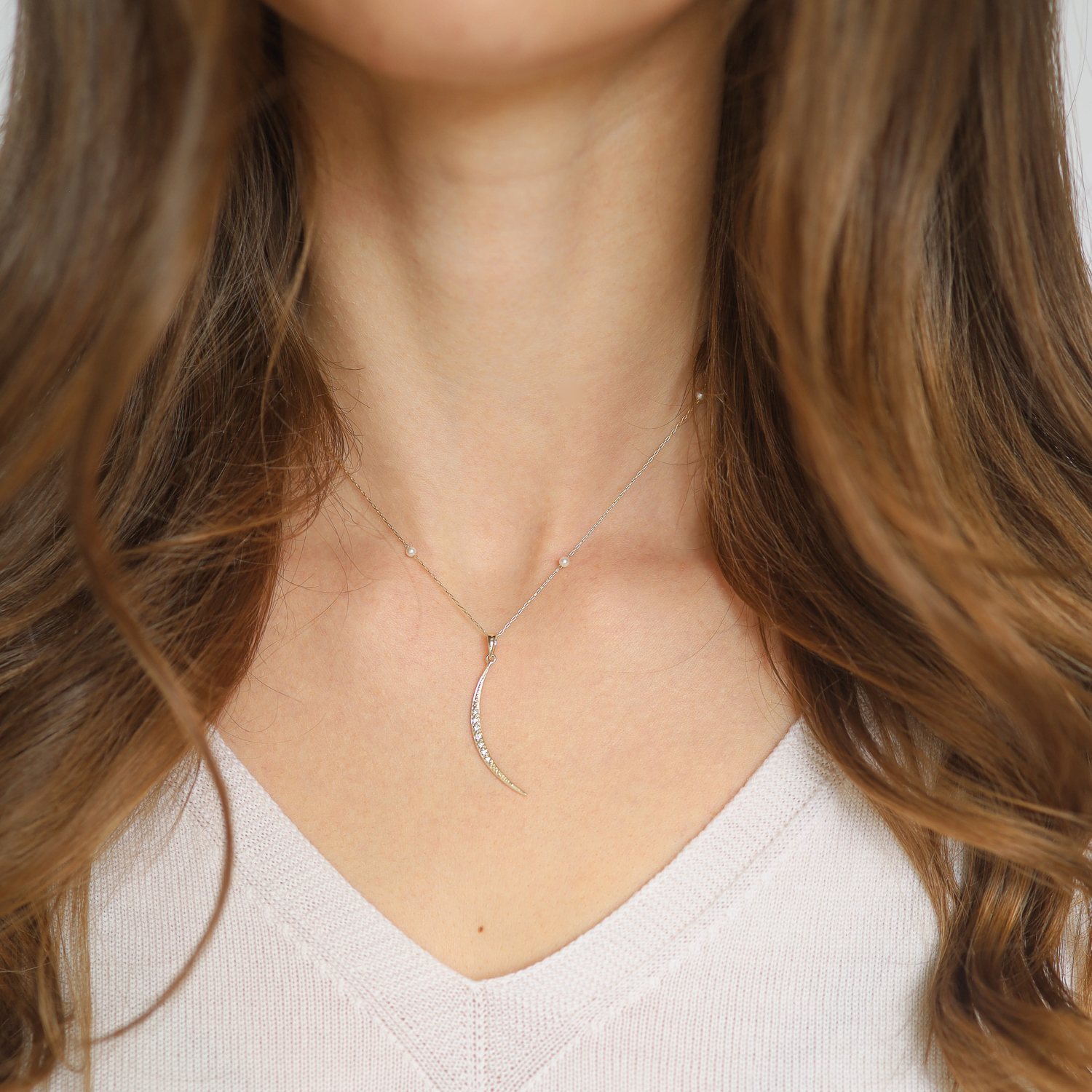 Mizuki: Necklace,14K Yellow gold Akoya pearl chain with diamond crescent small 0.04ct,15-18" adjustable chain, Pendant measures 1 7/16 in length