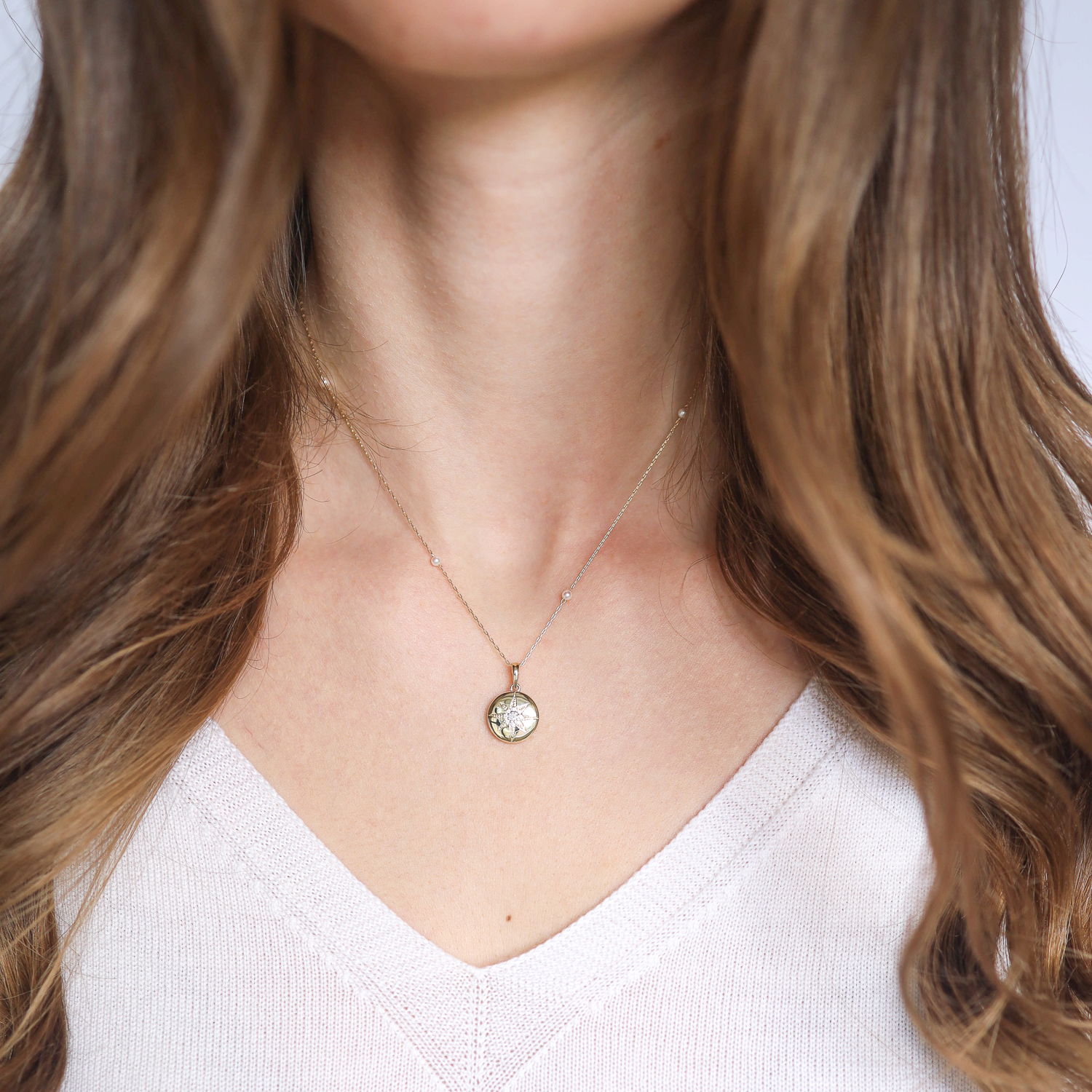 Mizuki: Necklace,14K Yellow gold Akoya pearl chain with diamond star medallion small 0.07ct,15-18" adjustable chain, pendant measures 3/4 x 1/2 including bail