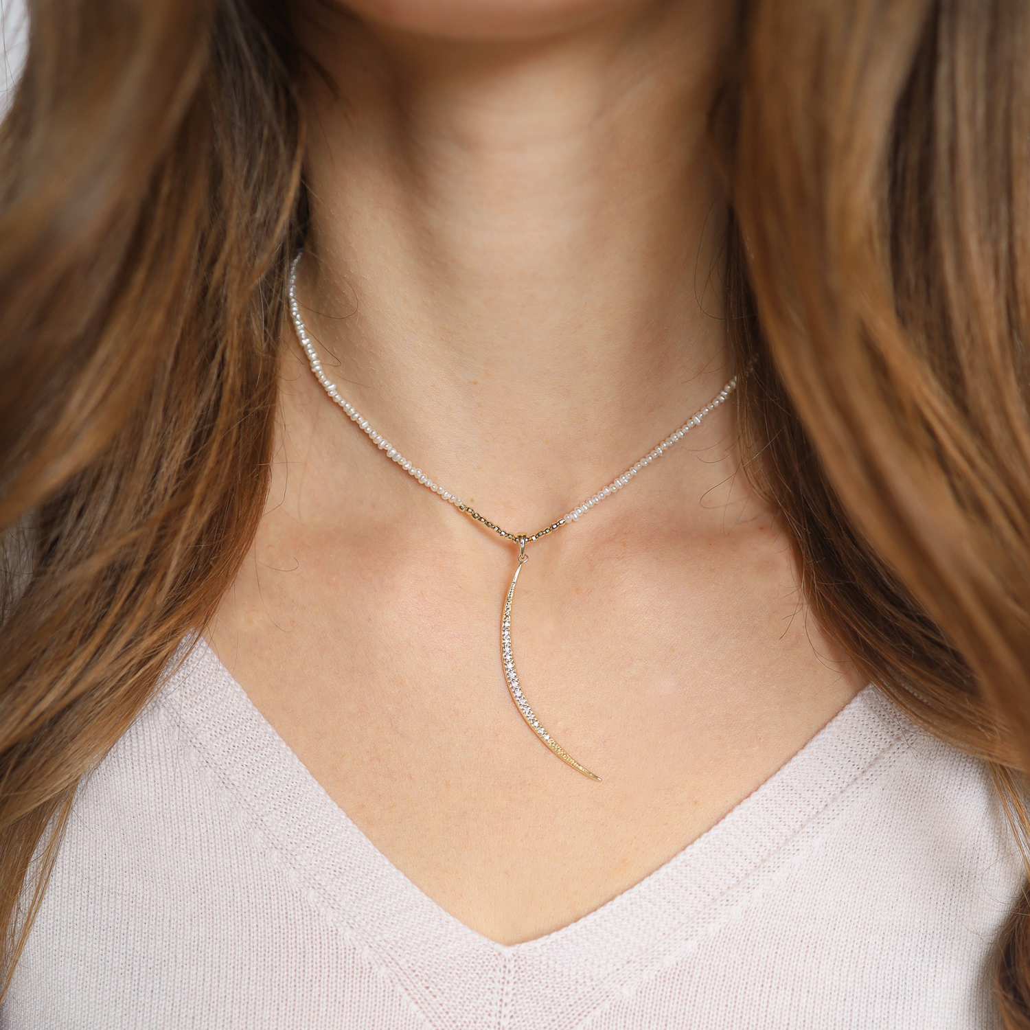 Mizuki: Necklace,14K Yellow gold dancing freshwater pearls with gold beads and diamond studded moon charm 14/17" adjustable