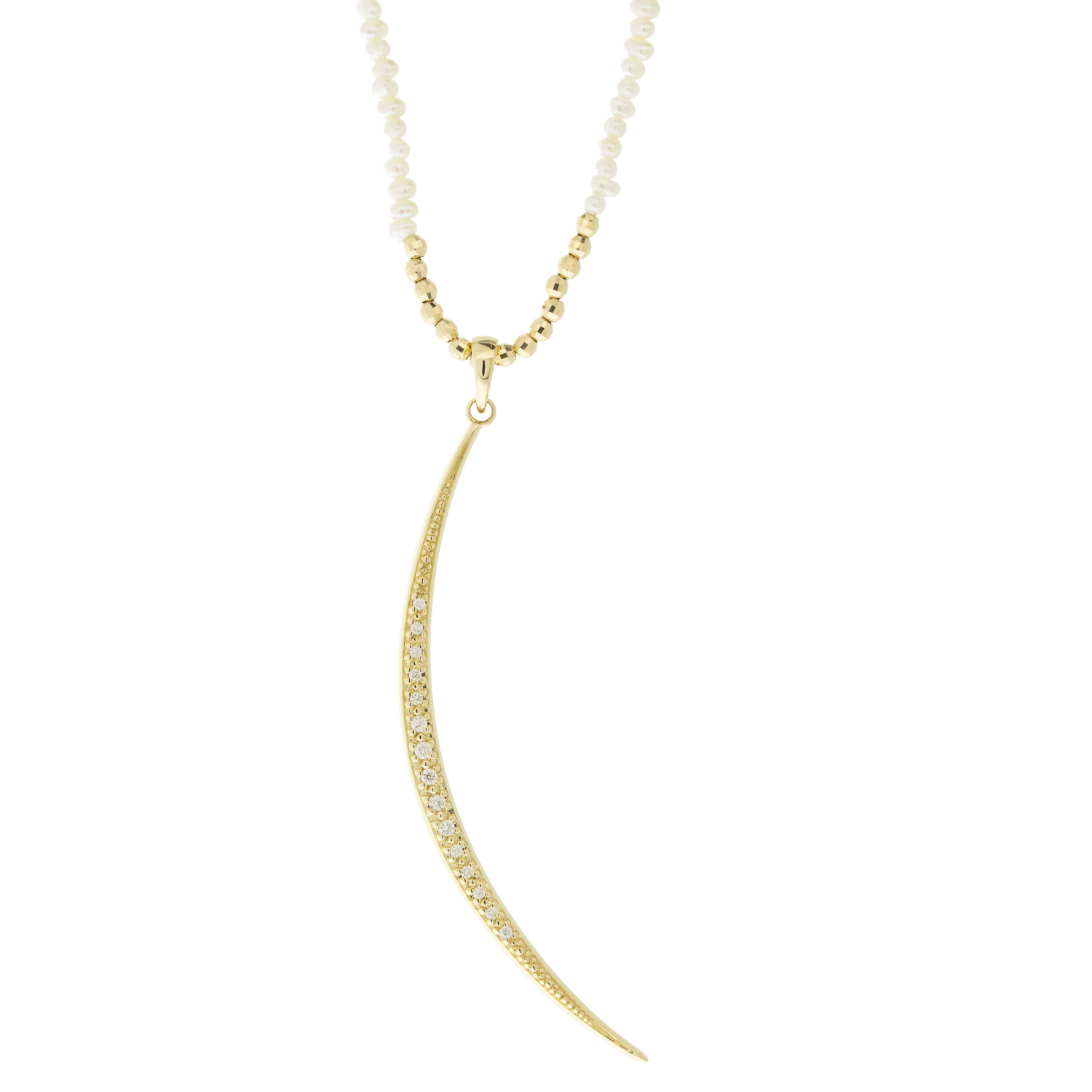 Mizuki: Necklace,14K Yellow gold dancing freshwater pearls with gold beads and diamond studded moon charm 14/17" adjustable