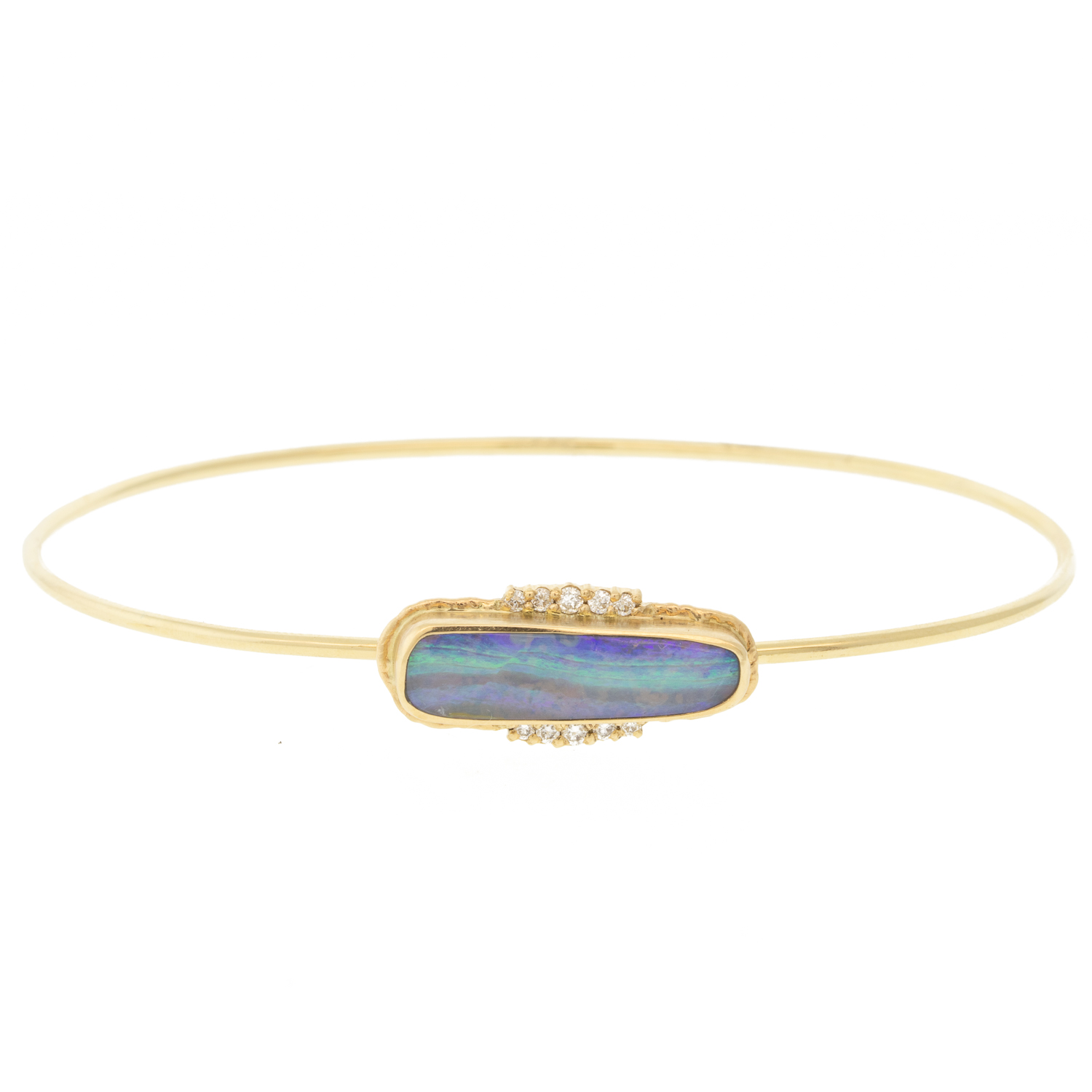 Jamie Joseph:14K gold Bracelet w/ Asymmetrical Boulder Opal & 10 Satellite Diamonds, .108 tCW on Ruffled Platform, Stone measures 3/16 x 3/4