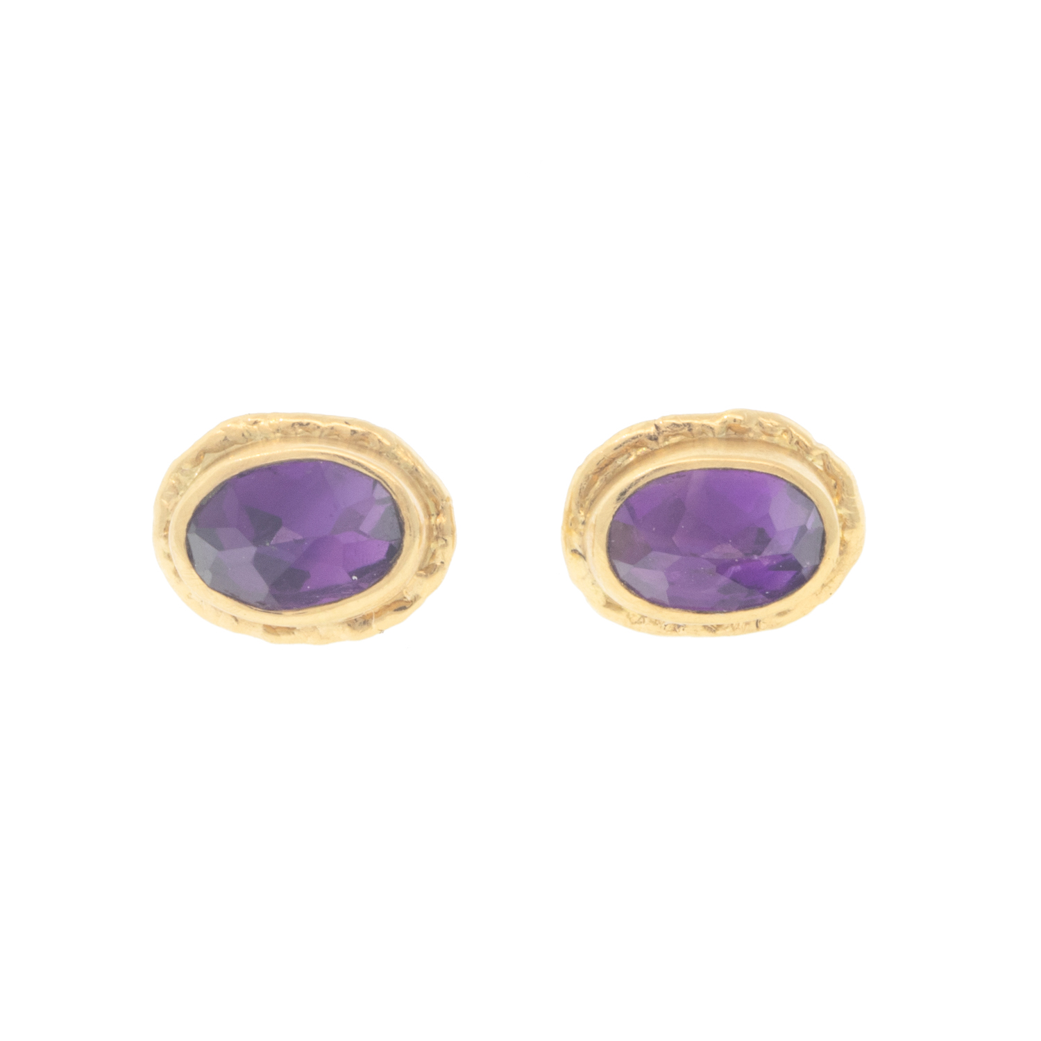 Jamie Joseph: Earrings, Studs oval inverted, 14K gold bezel set amethyst on ruffled platform, Measure 5/32 x 7/32