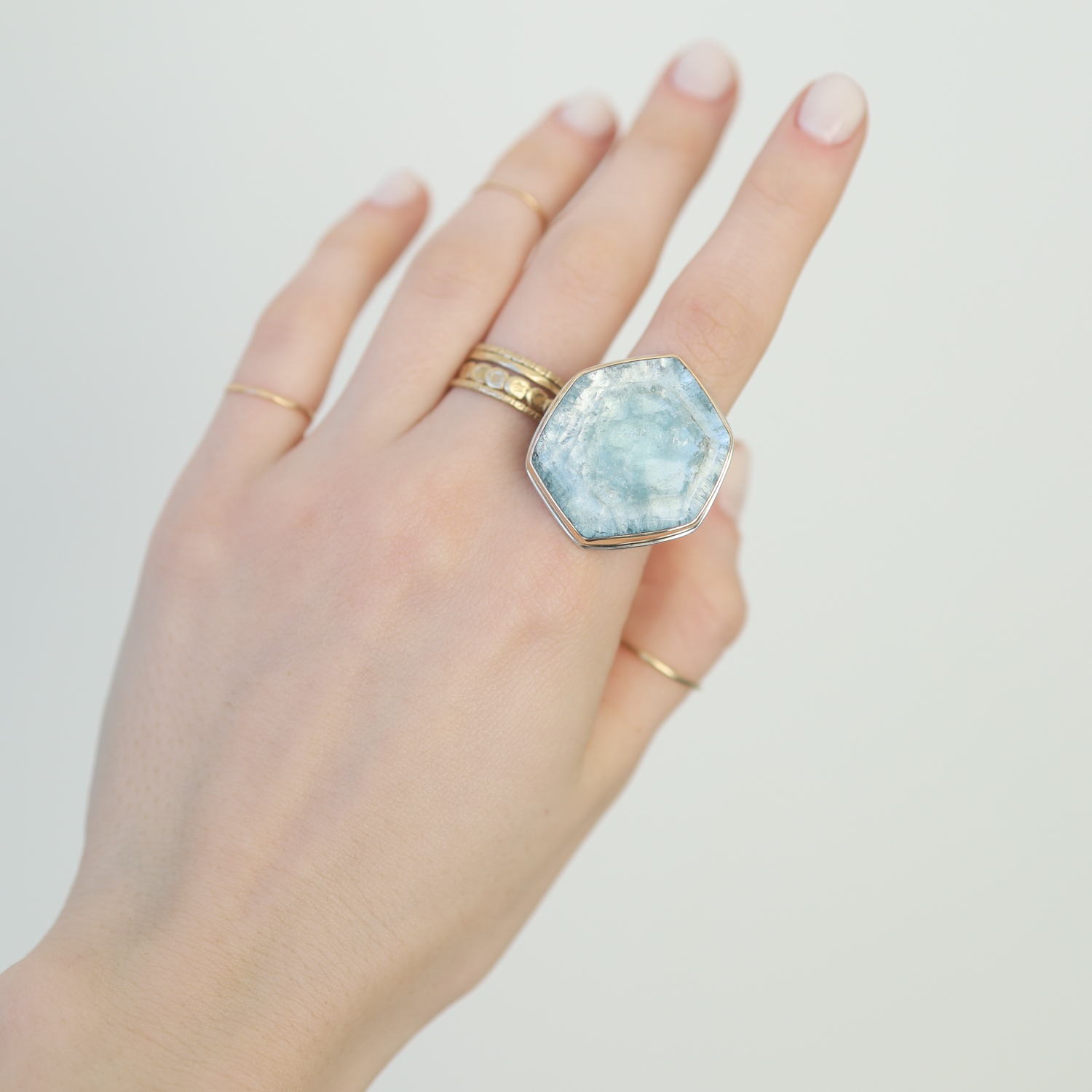 Jamie Joseph: SS and 14K gold ring ,Large hexagonal Aquamarine,Y band, size 8 1/2, Measures 1 x 1