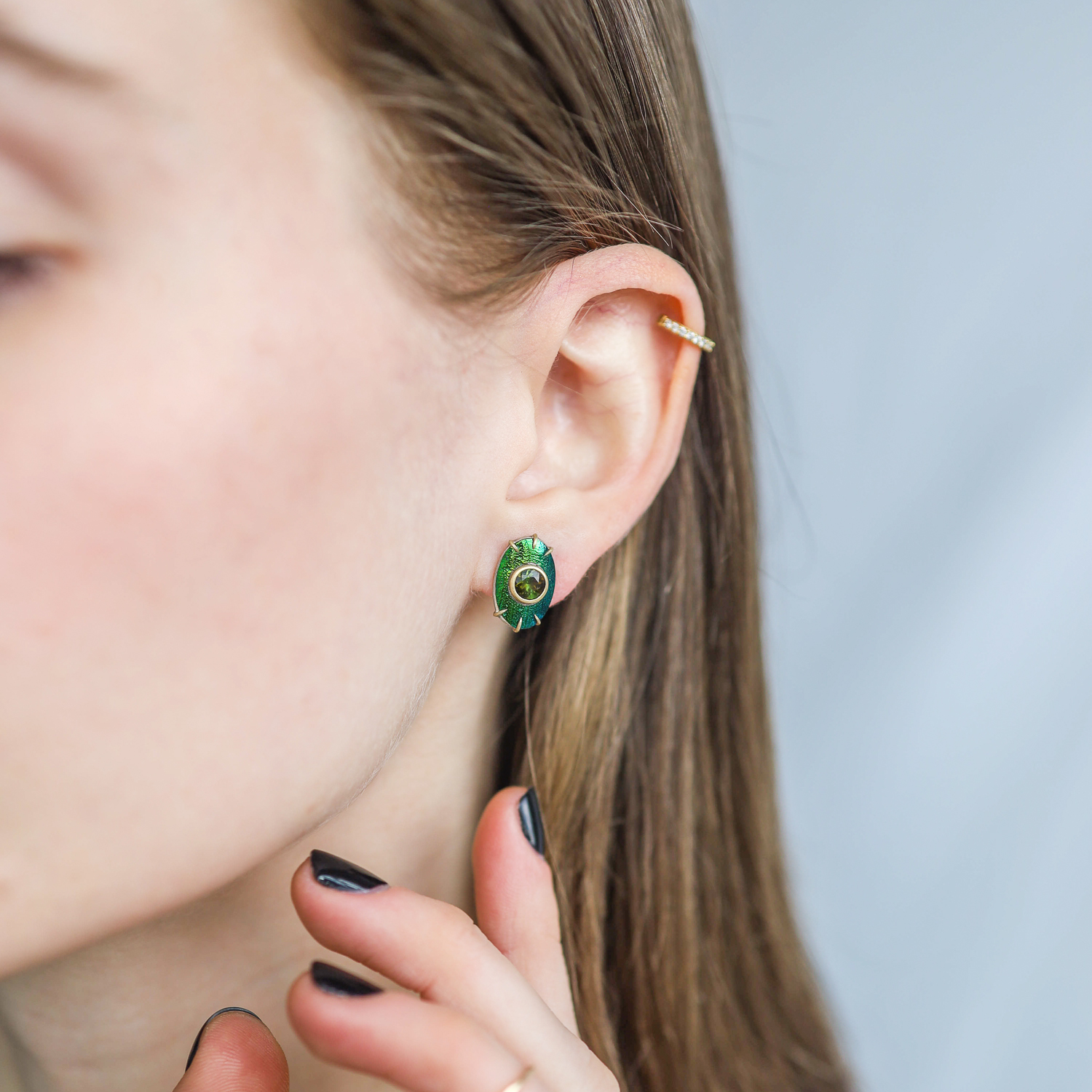 Hannah Blount: Earrings, Studs, Vanity, Tourmaline, 1.30 TCW, 18K gold, Beetle wing, Sterling silver.