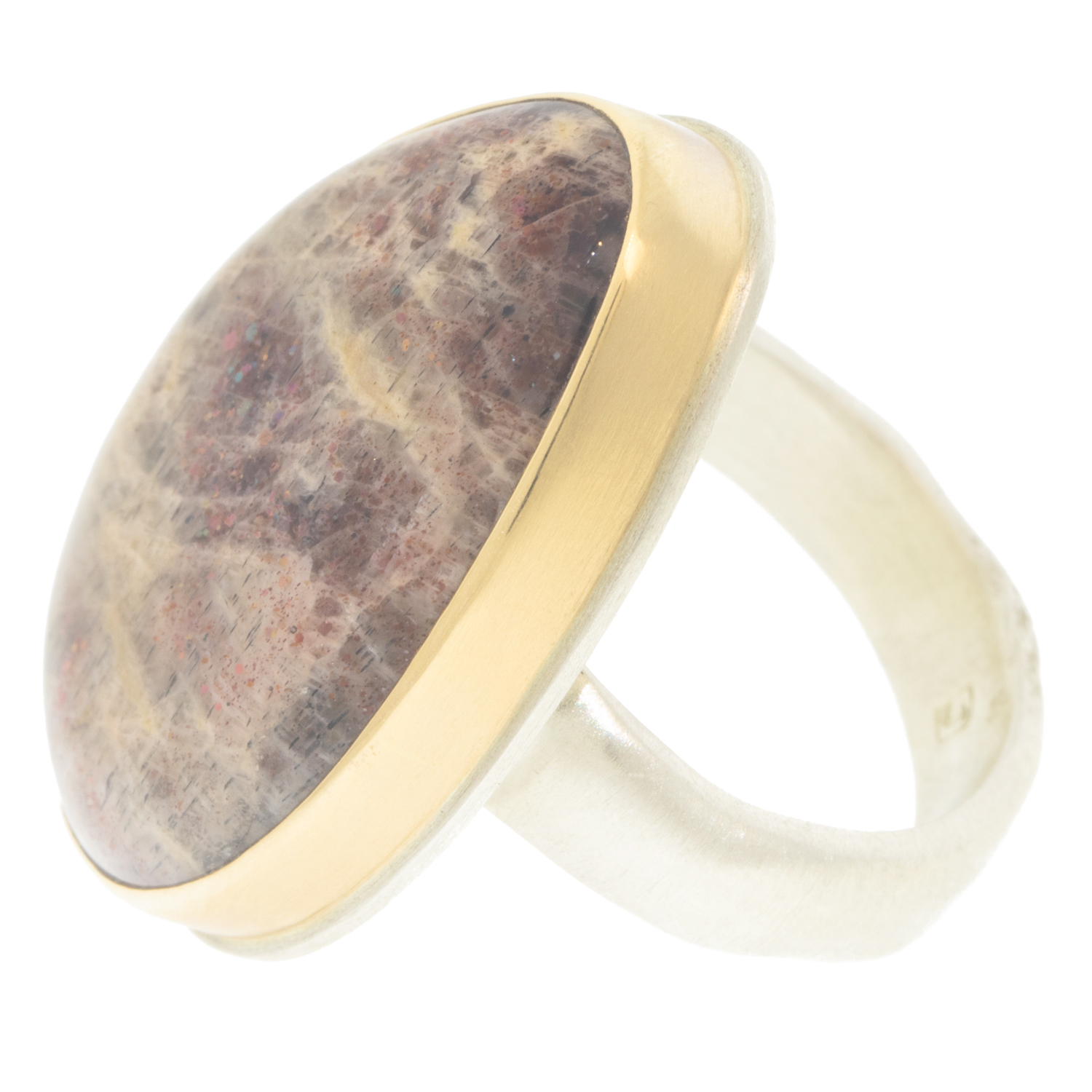 Jamie Joseph: SS and 14K gold ring with vertical Teardrop smooth Rainbow Lattice Sunstone,Groovy band, size 8.5, Measures 1 1/8 x 13/16