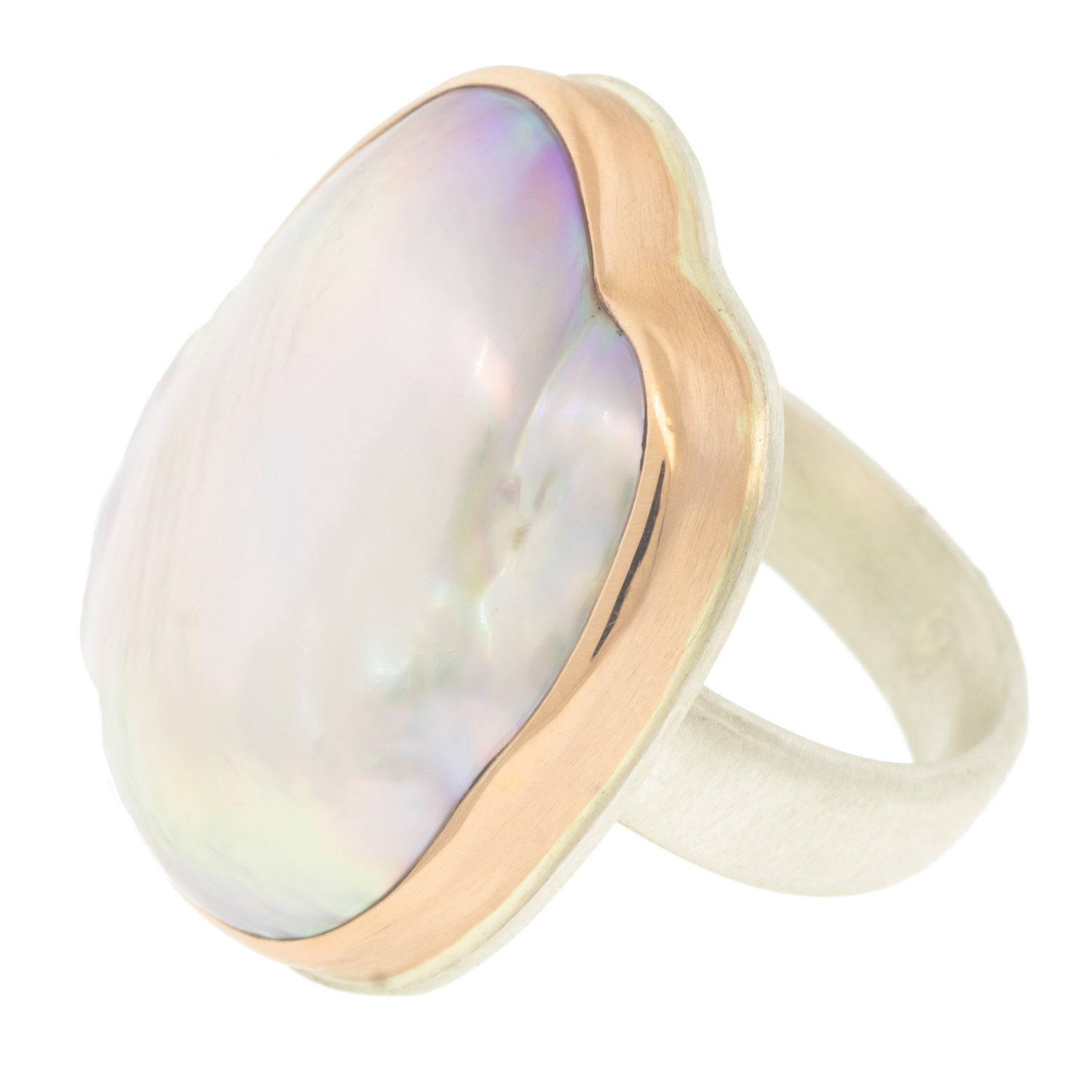 Jamie Joseph: SS & 14K Rose Gold Ring w/Large Vertical Asymmetrical PINK KESHI PEARL on Comfort Band, size 7 3/4, Measures 15/16 x 13/16