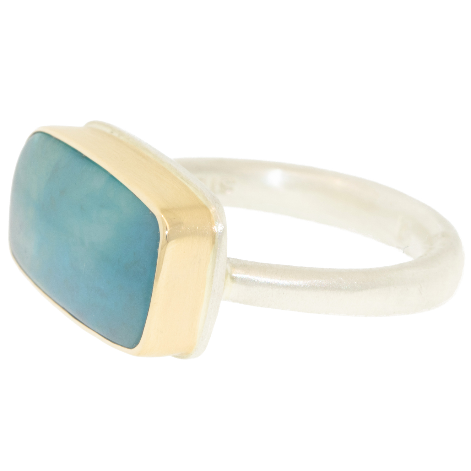 Jamie Joseph: SS and 14K gold ring ,INSPIRATION MINE CHRYSOCOLLA,Egyptian band, size 8, Measures 3/8 x 5/8