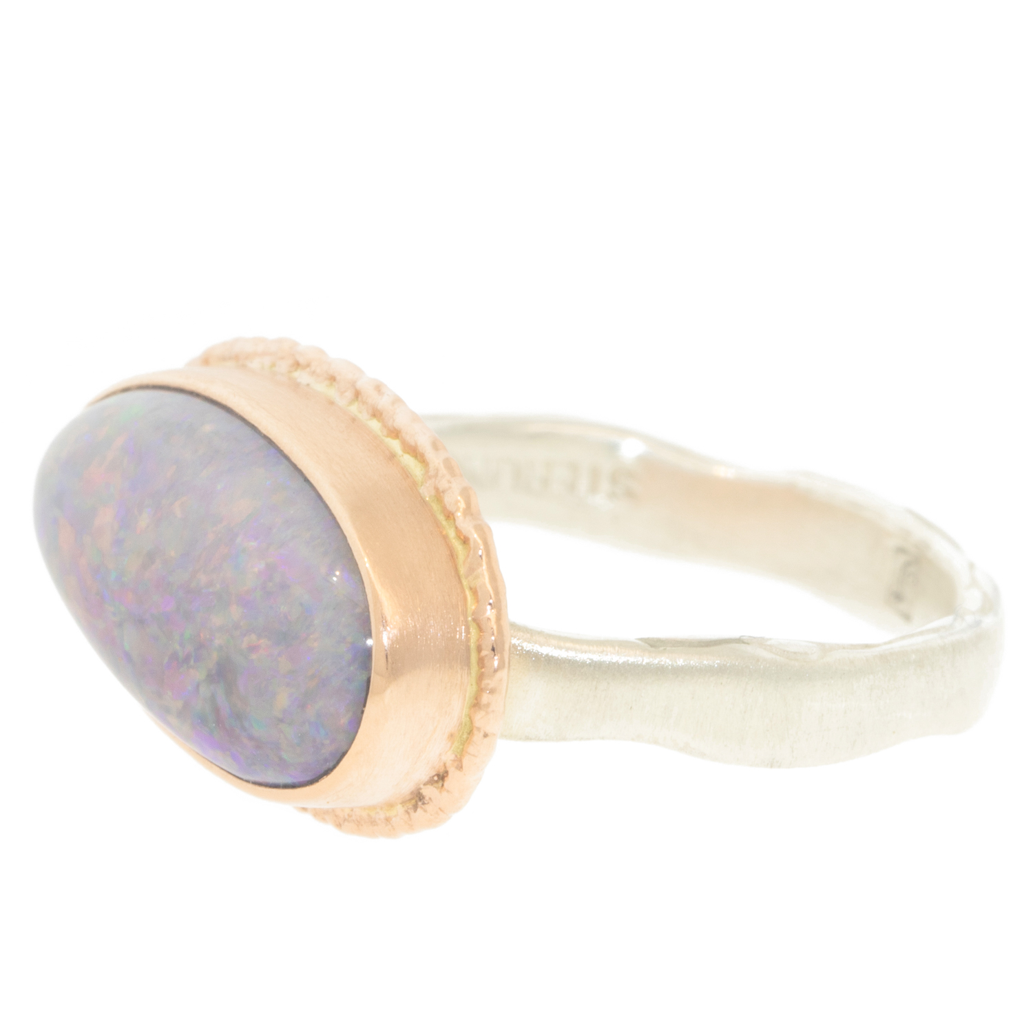 Jamie Joseph: SS & 14K rose Gold Ring w/small oval AUSTRALIAN OPAL on Ruffled Platform and Eroded LIve Edge Band, size 7 1/4, Measures 5/16 x 11/16