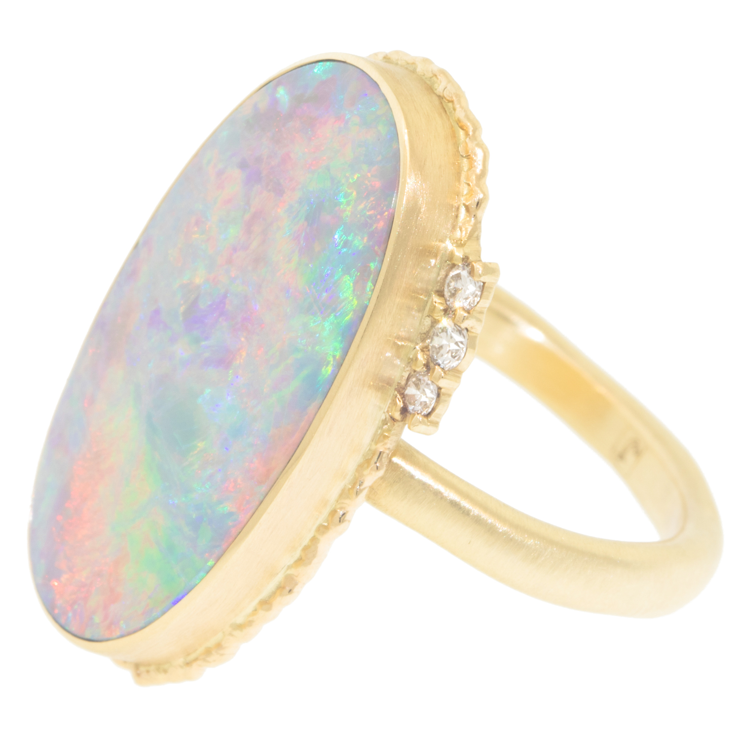 Jamie Joseph: 14K gold ring ,Australian Opal with 6 satellite diamonds,.16tcw,Ruffled platform middle organic band,,sz 8, Measures 1 x 1/2