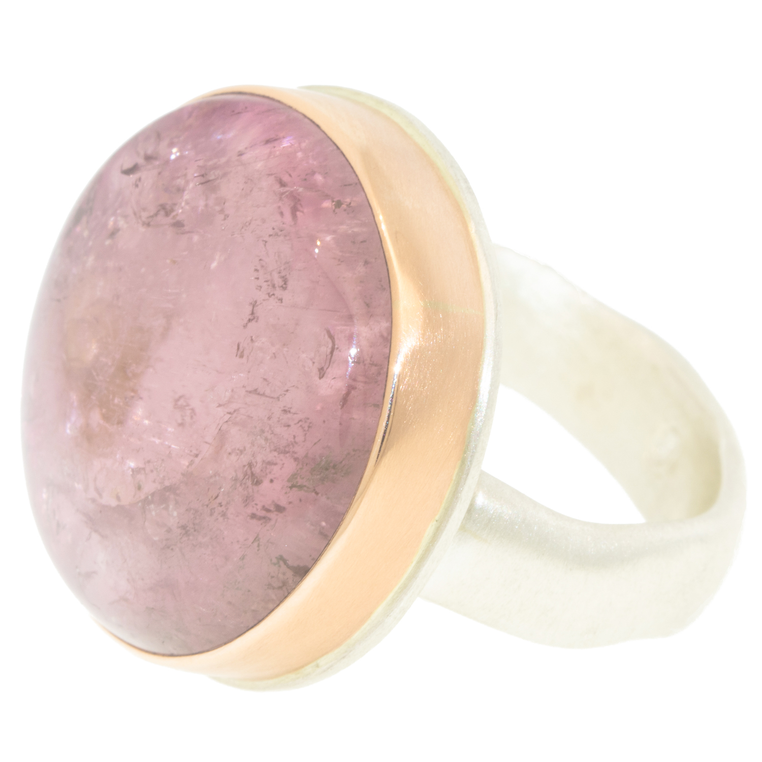 Jamie Joseph: SS & 14K Rose Gold Ring w/Round Smooth PINK TOURMALINE on Groovy Band, Size 7 3/4, Measures 3/4 in diameter