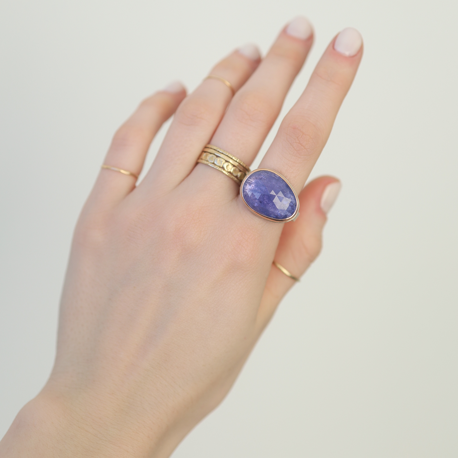 Jamie Joseph: SS & 14K rose Gold Ring w/Asymmetrical Rose Cut TANZANITE on Middle Bark Band, size 8 1/4, Measures 9/16 x 3/4