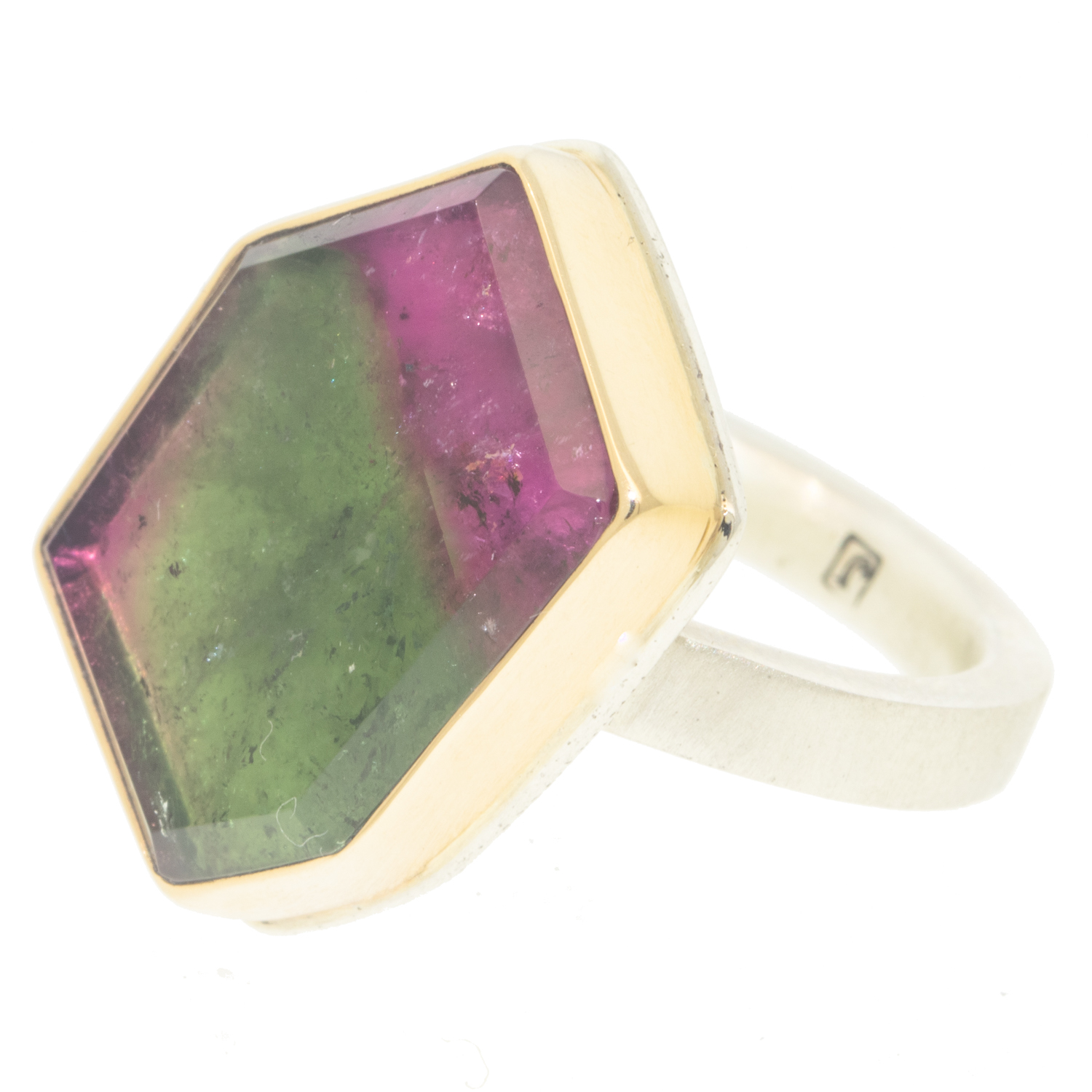 Jamie Joseph: SS & 14K Gold Ring w/Vertical Asymmetrical Table up WATERMELON TOURMALINE on X Band, Size 8, Measures 13/16 x 9/16