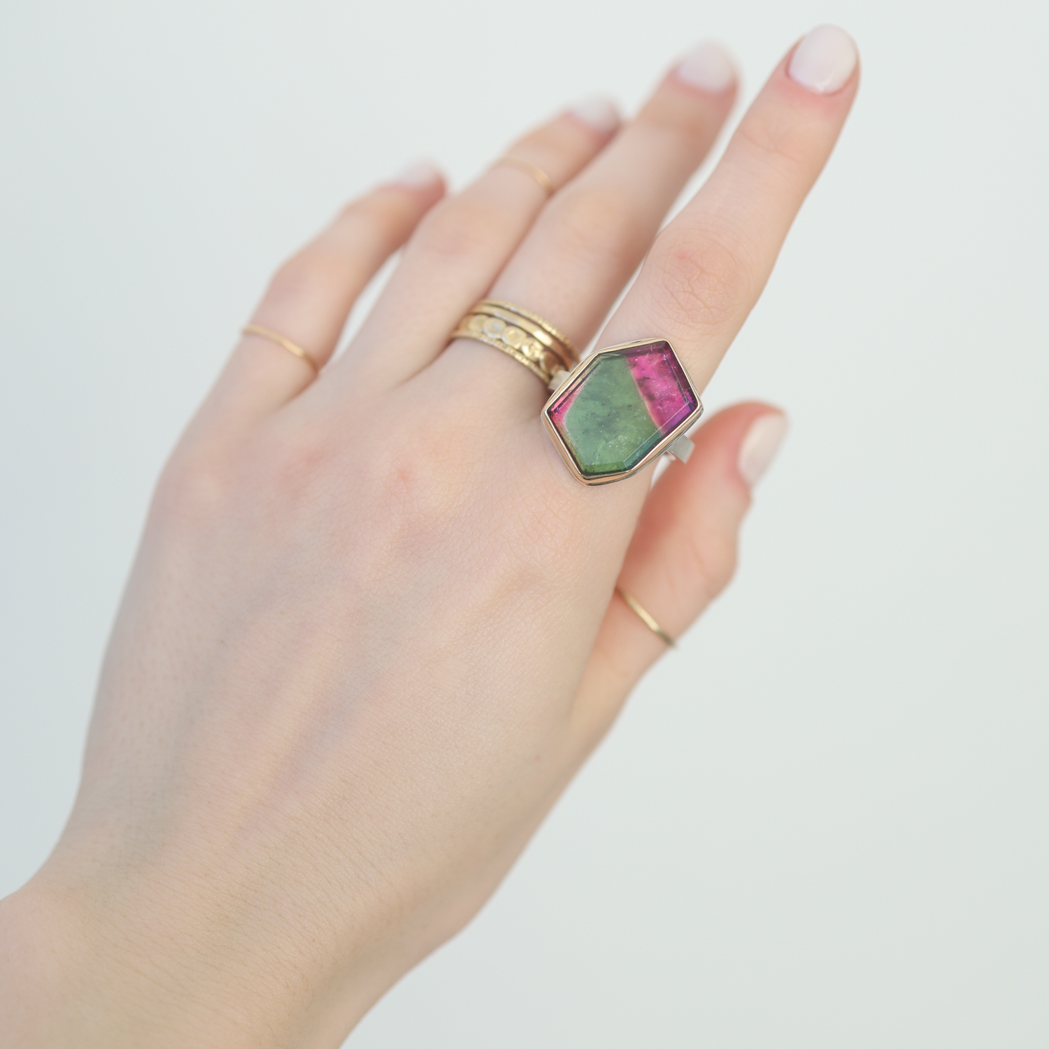 Jamie Joseph: SS & 14K Gold Ring w/Vertical Asymmetrical Table up WATERMELON TOURMALINE on X Band, Size 8, Measures 13/16 x 9/16