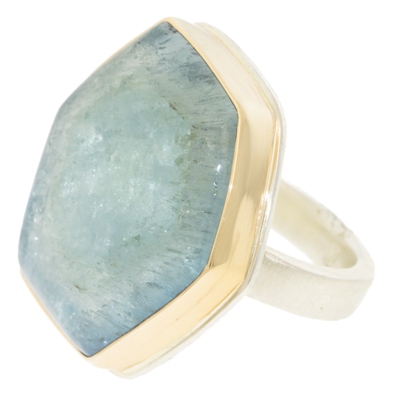 Jamie Joseph: SS and 14K gold ring ,Large hexagonal Aquamarine,Y band, size 8 1/2, Measures 1 x 1