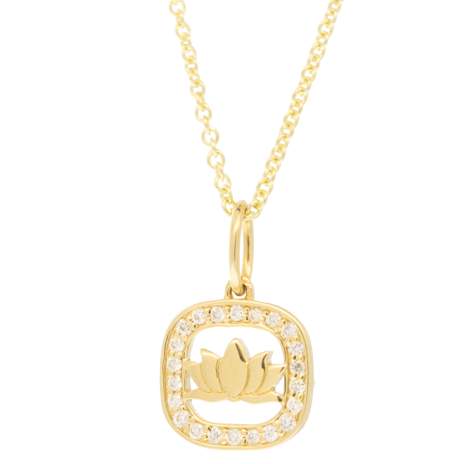 Sydney Evan: Necklace ,14 k Yellow gold,Lotus open Icon charm, Chain measures 16-18 in length, Pendant measures 9/16 x 5/16 including bail